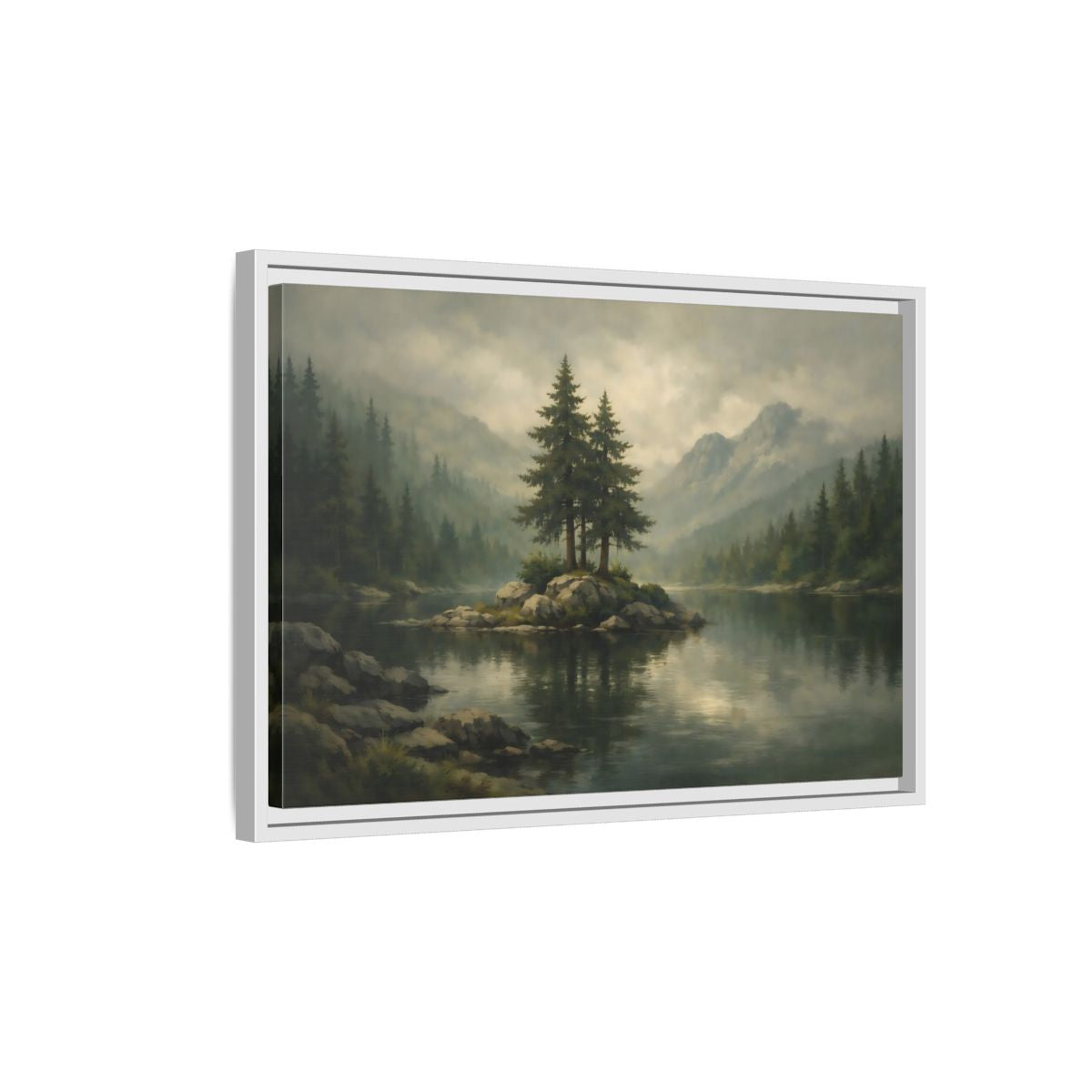 Side Mockup 1. Nature Pine Trees Green Gray Landscape shown as stretched canvas wall art