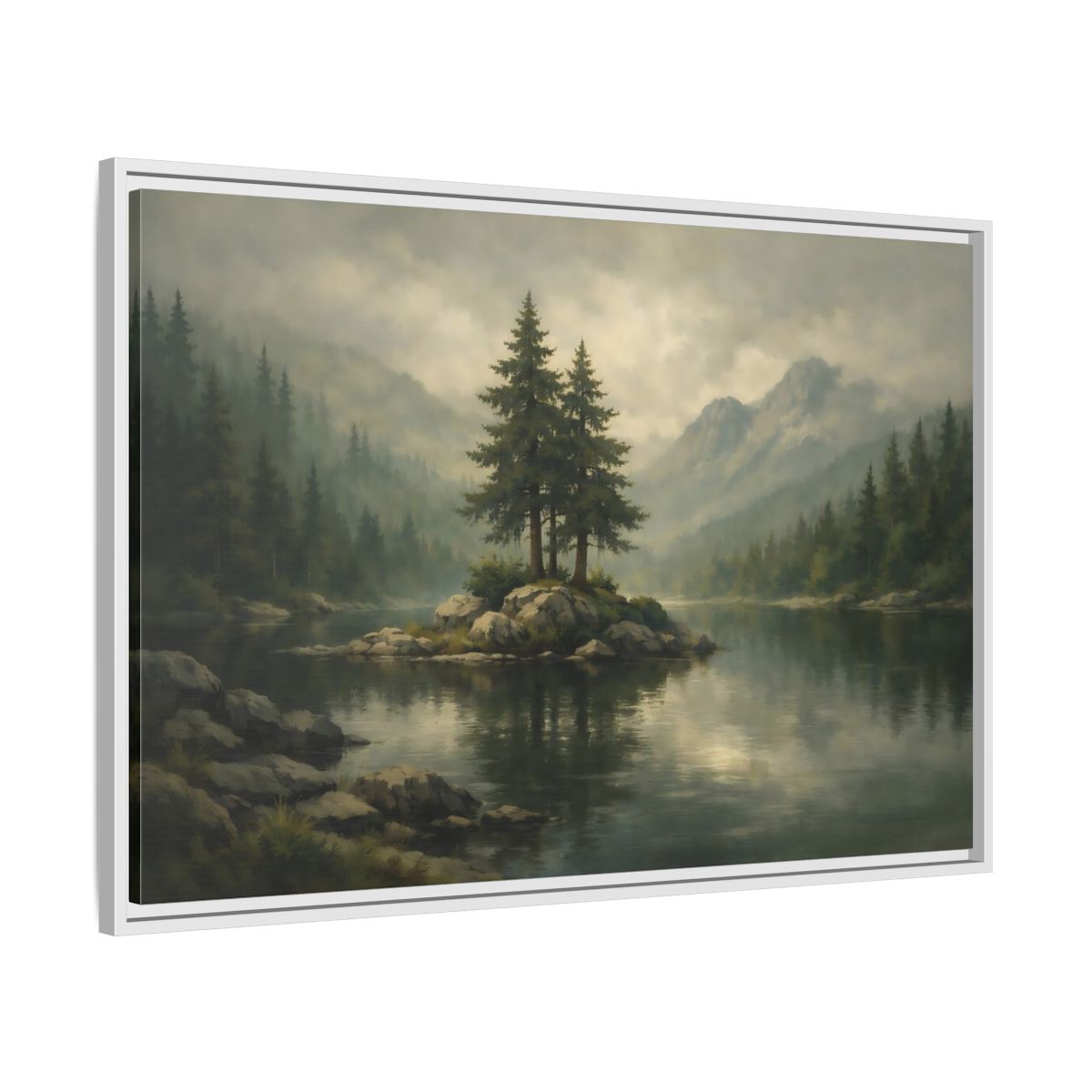 Side Mockup 8. Nature Pine Trees Green Gray Landscape shown as stretched canvas wall art