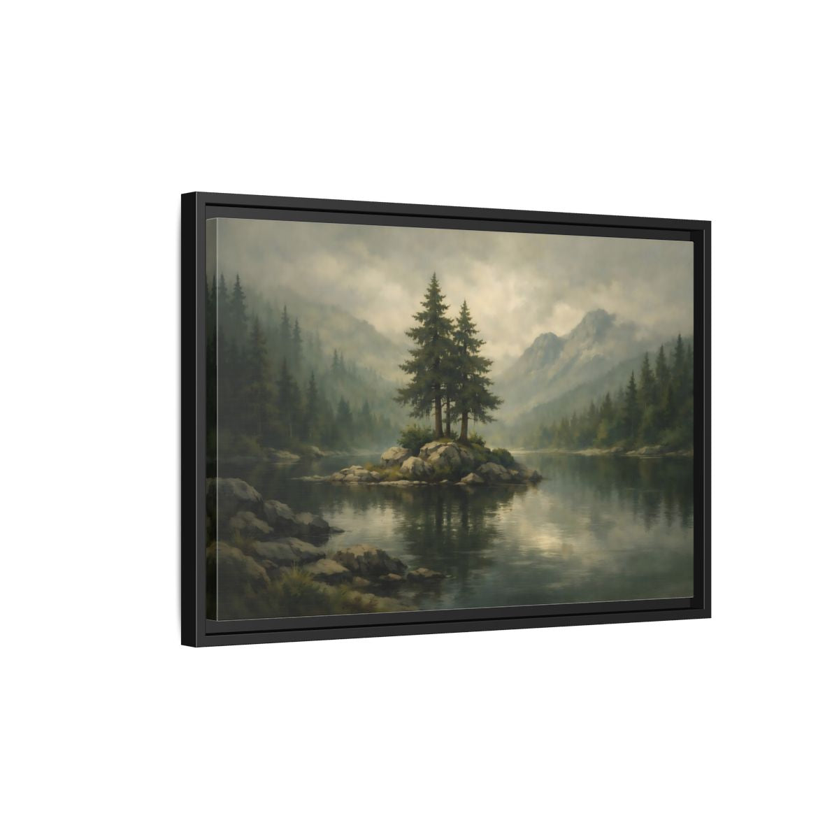 Side Mockup 3. Nature Pine Trees Green Gray Landscape shown as stretched canvas wall art