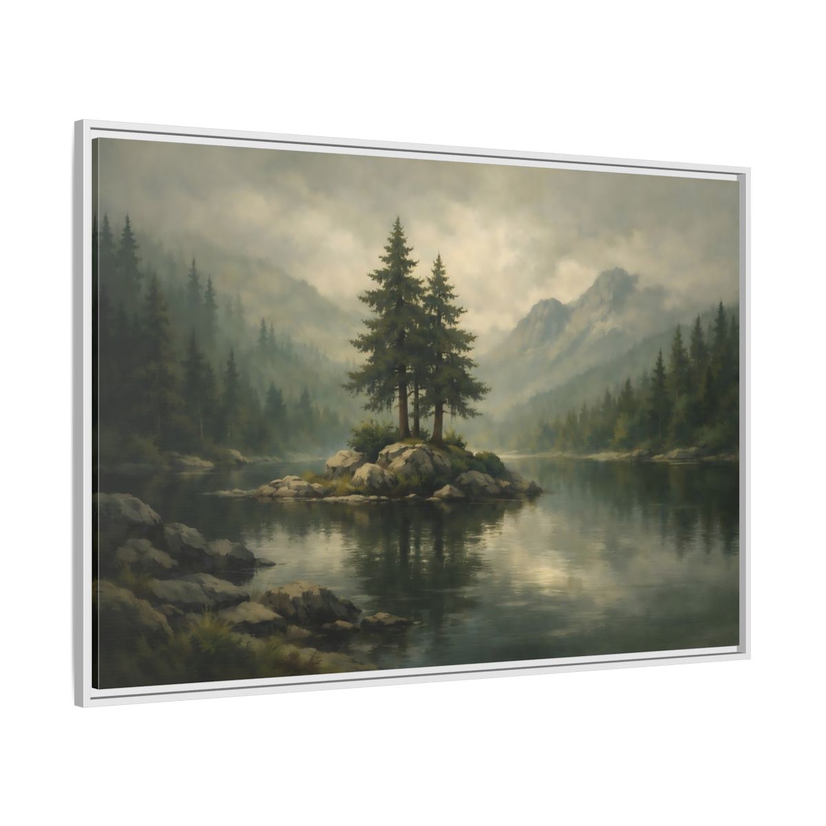 Side Mockup 7. Nature Pine Trees Green Gray Landscape shown as stretched canvas wall art