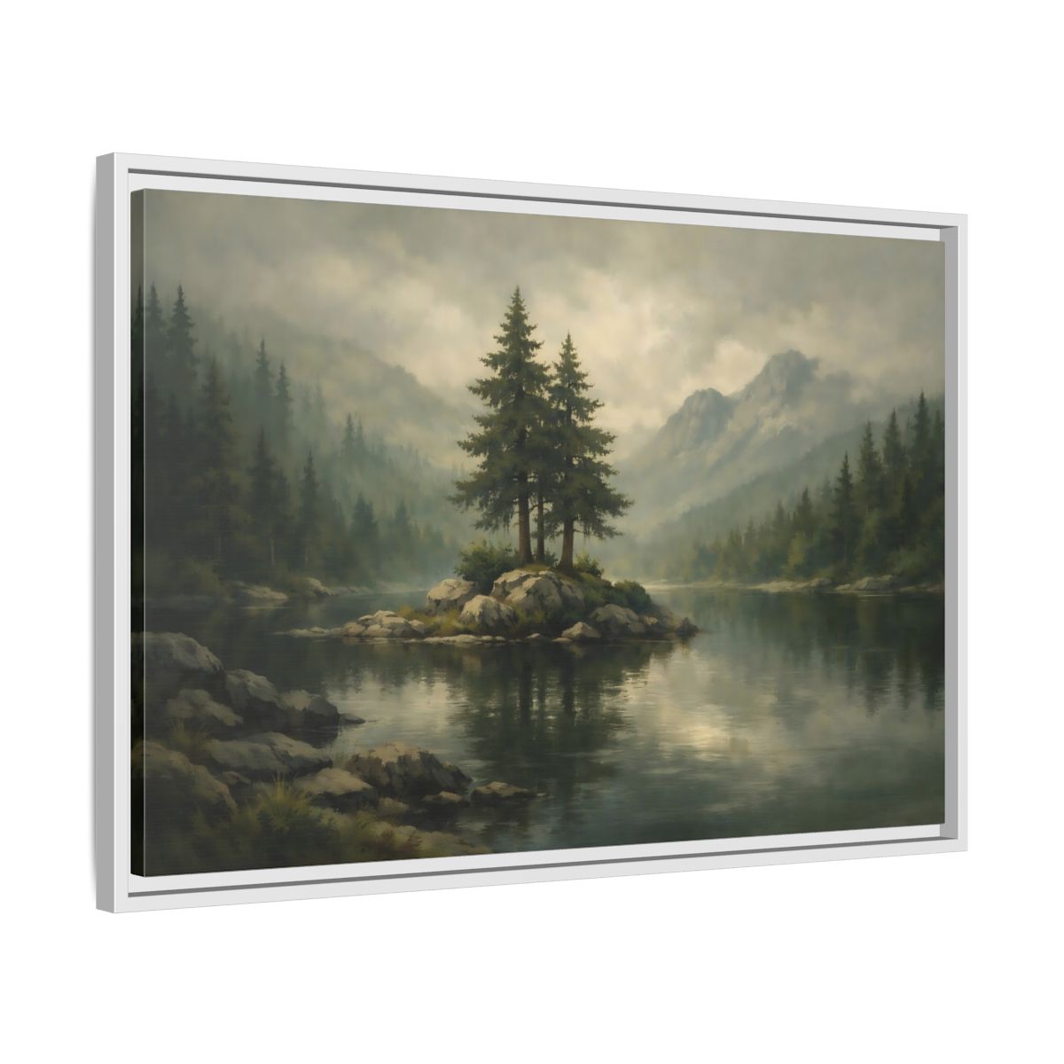 Side Mockup 10. Nature Pine Trees Green Gray Landscape shown as stretched canvas wall art