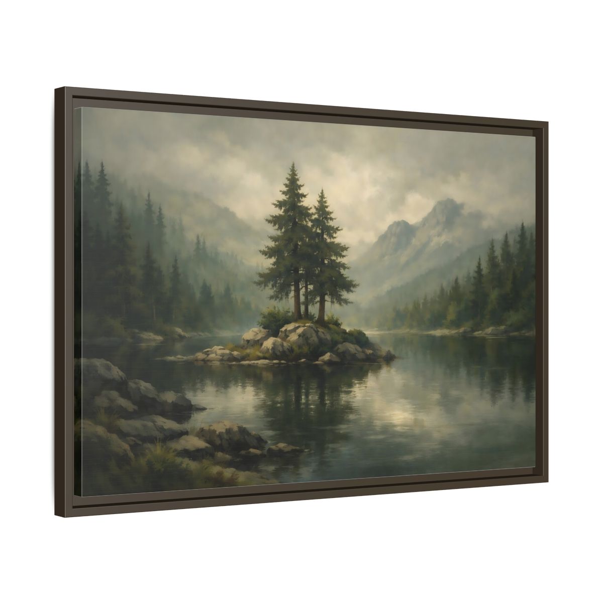 Side Mockup 11. Nature Pine Trees Green Gray Landscape shown as stretched canvas wall art
