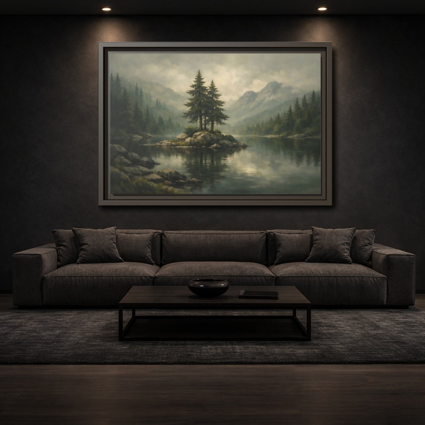 Mockup 2. Nature Pine Trees Green Gray Landscape shown as stretched canvas wall art
