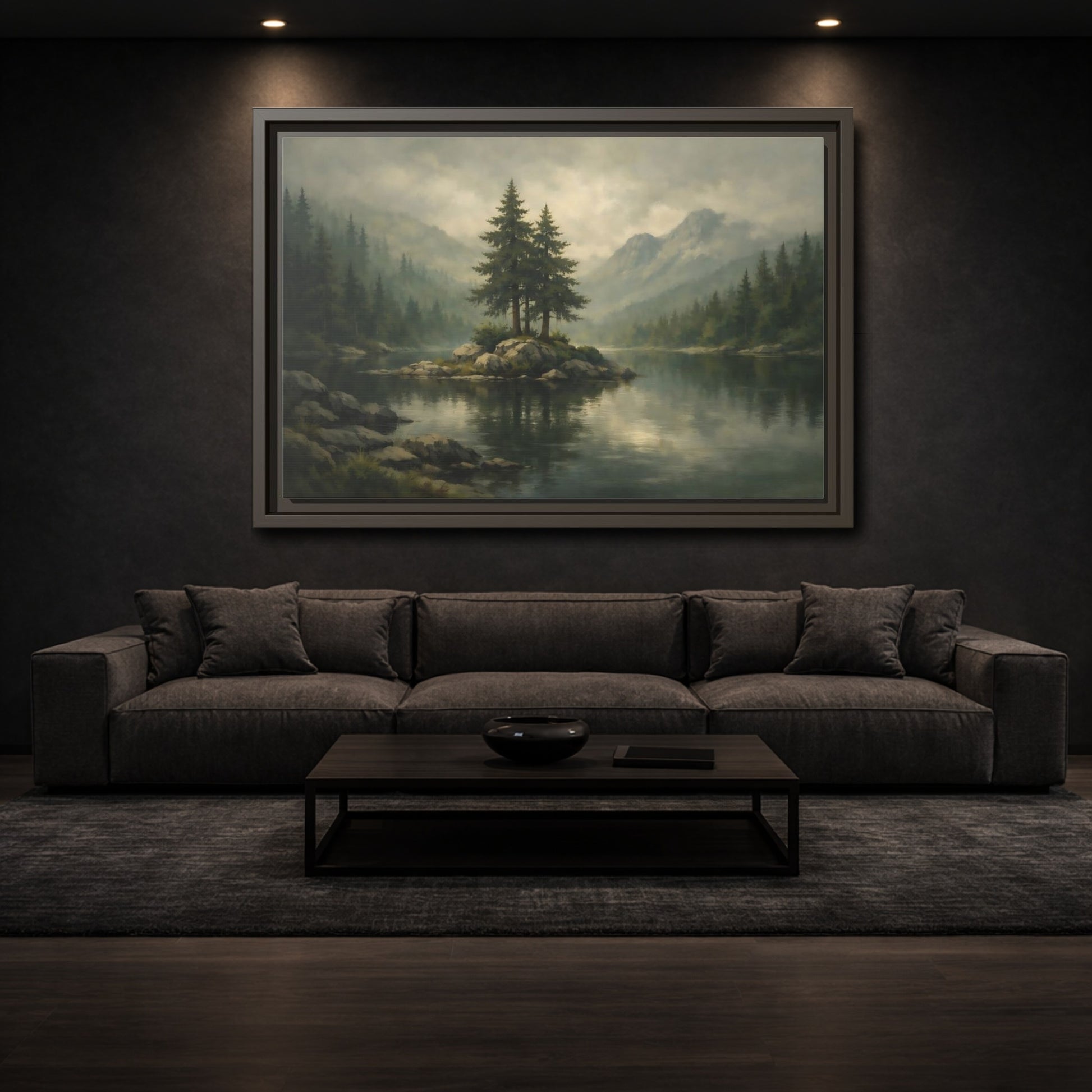 Mockup 2. Nature Pine Trees Green Gray Landscape shown as stretched canvas wall art