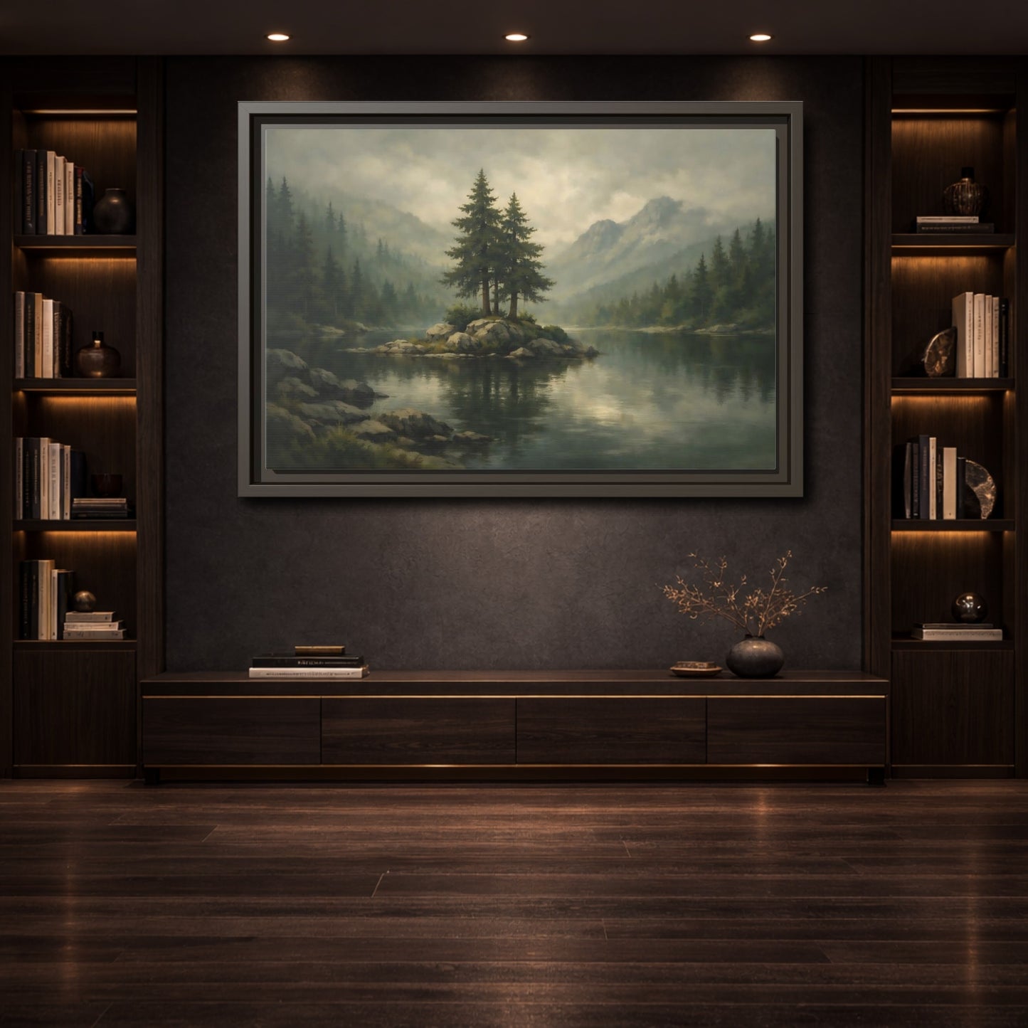 Mockup 3. Nature Pine Trees Green Gray Landscape shown as stretched canvas wall art