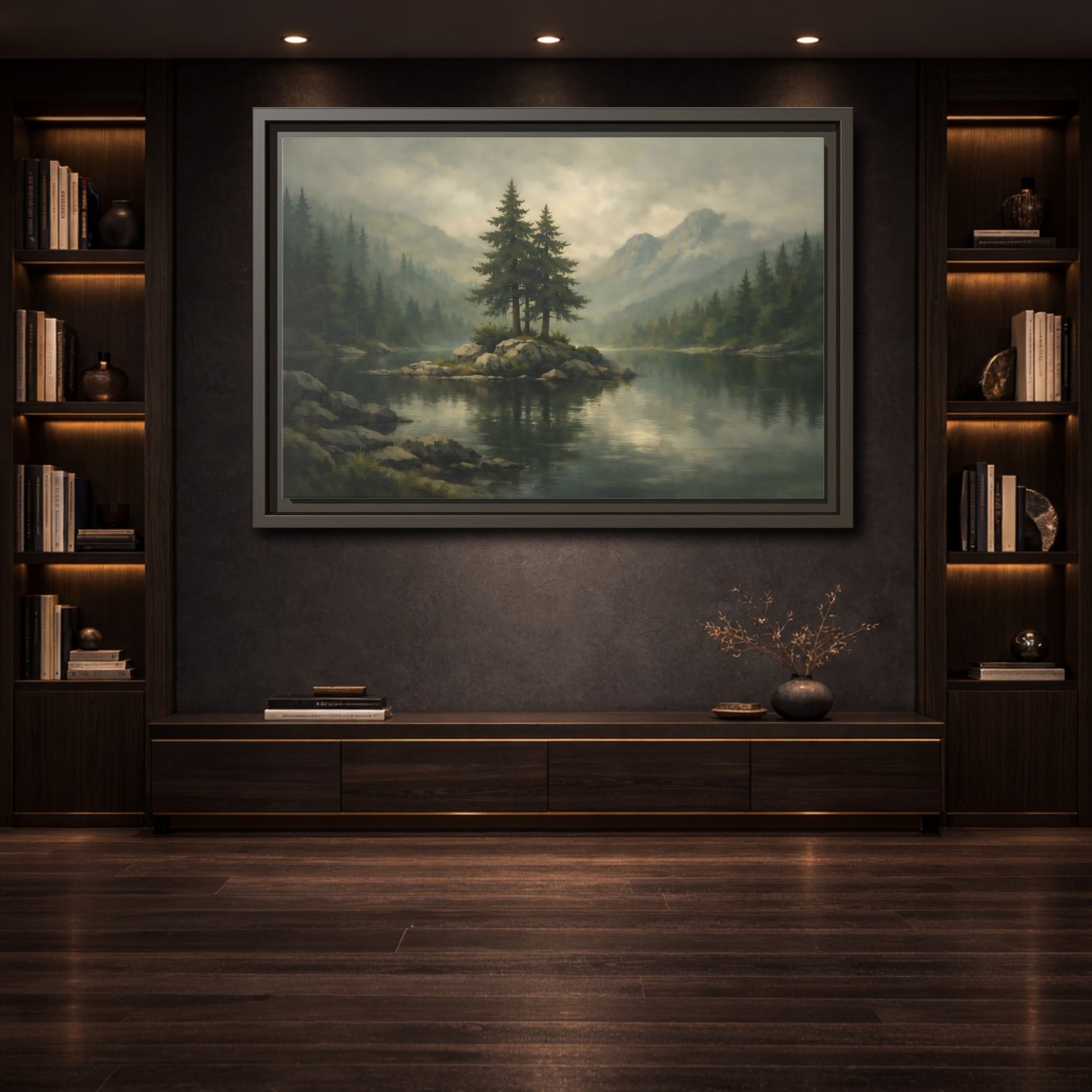 Mockup 3. Nature Pine Trees Green Gray Landscape shown as stretched canvas wall art