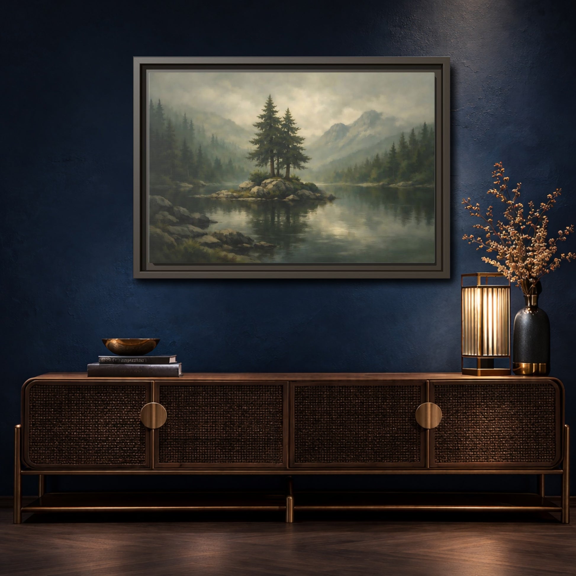 Mockup 4. Nature Pine Trees Green Gray Landscape shown as stretched canvas wall art
