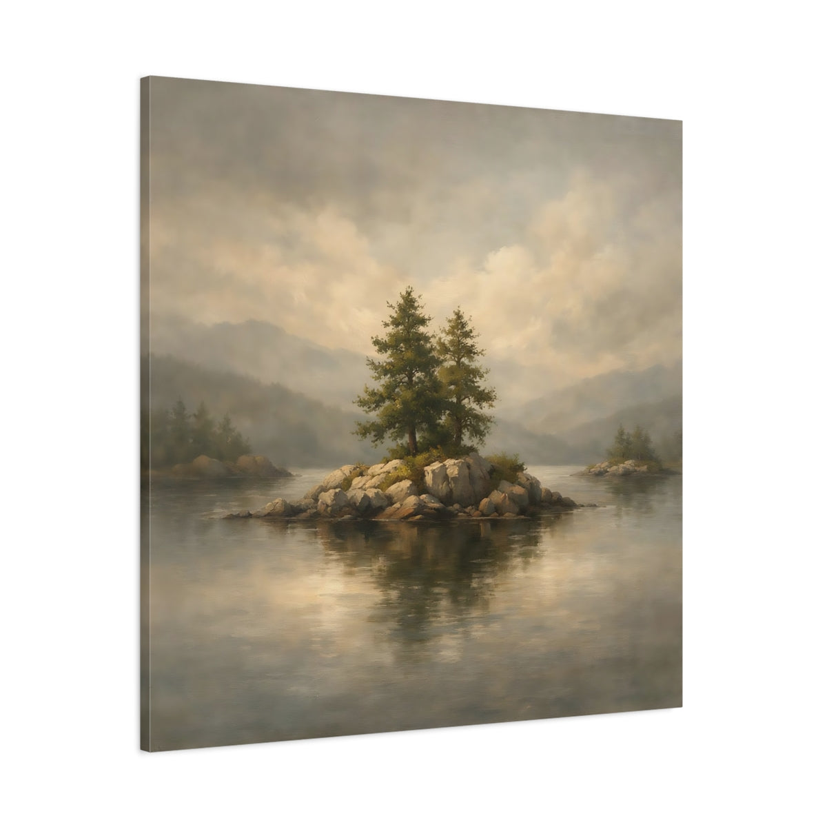 Main Mockup. Nature Pine Trees Lake Island Landscape shown as stretched canvas wall art