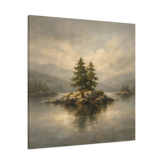 Main Mockup. Nature Pine Trees Lake Island Landscape shown as stretched canvas wall art