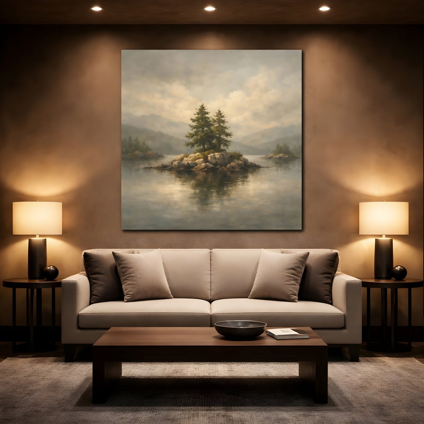 Mockup 2. Nature Pine Trees Lake Island Landscape shown as stretched canvas wall art