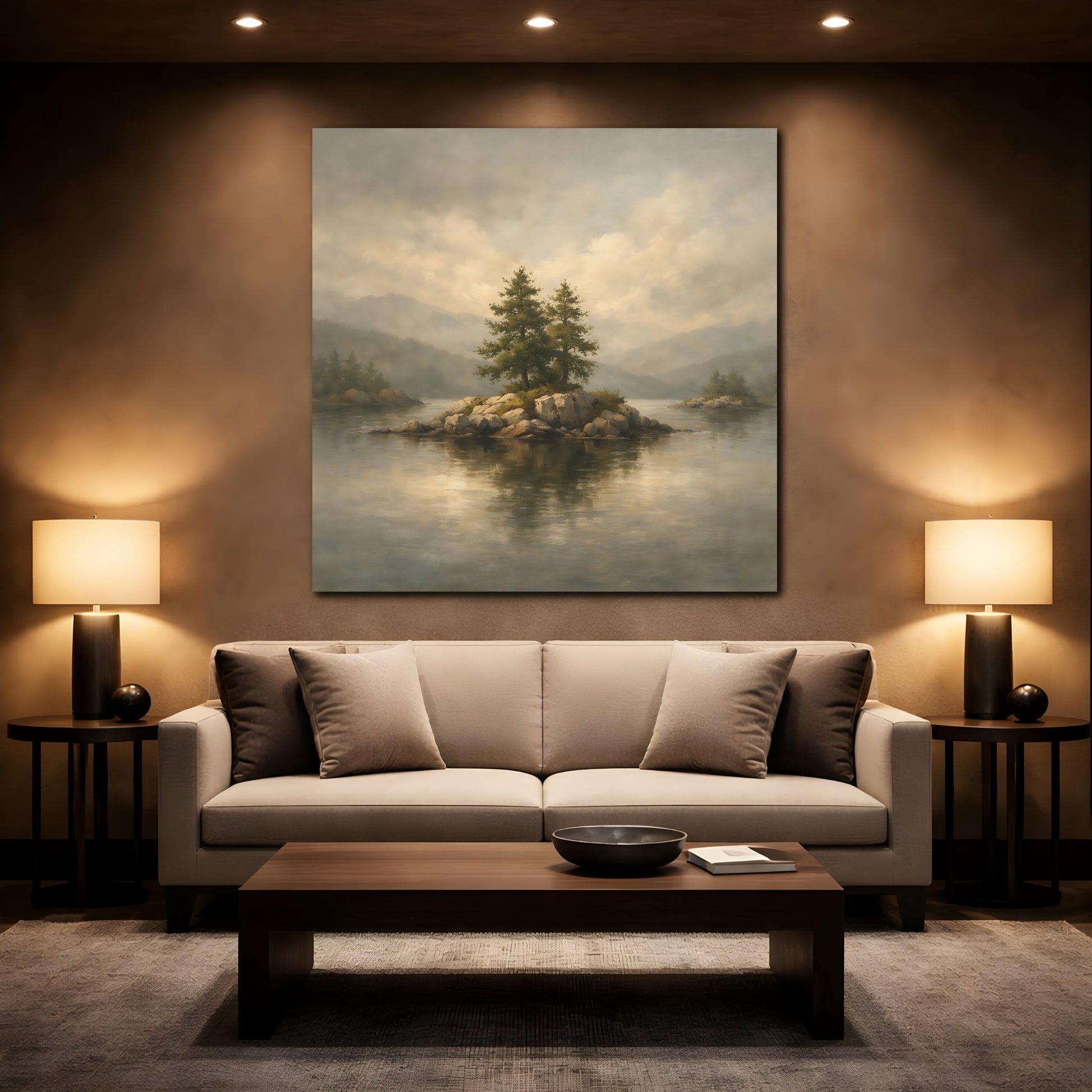 Mockup 2. Nature Pine Trees Lake Island Landscape shown as stretched canvas wall art