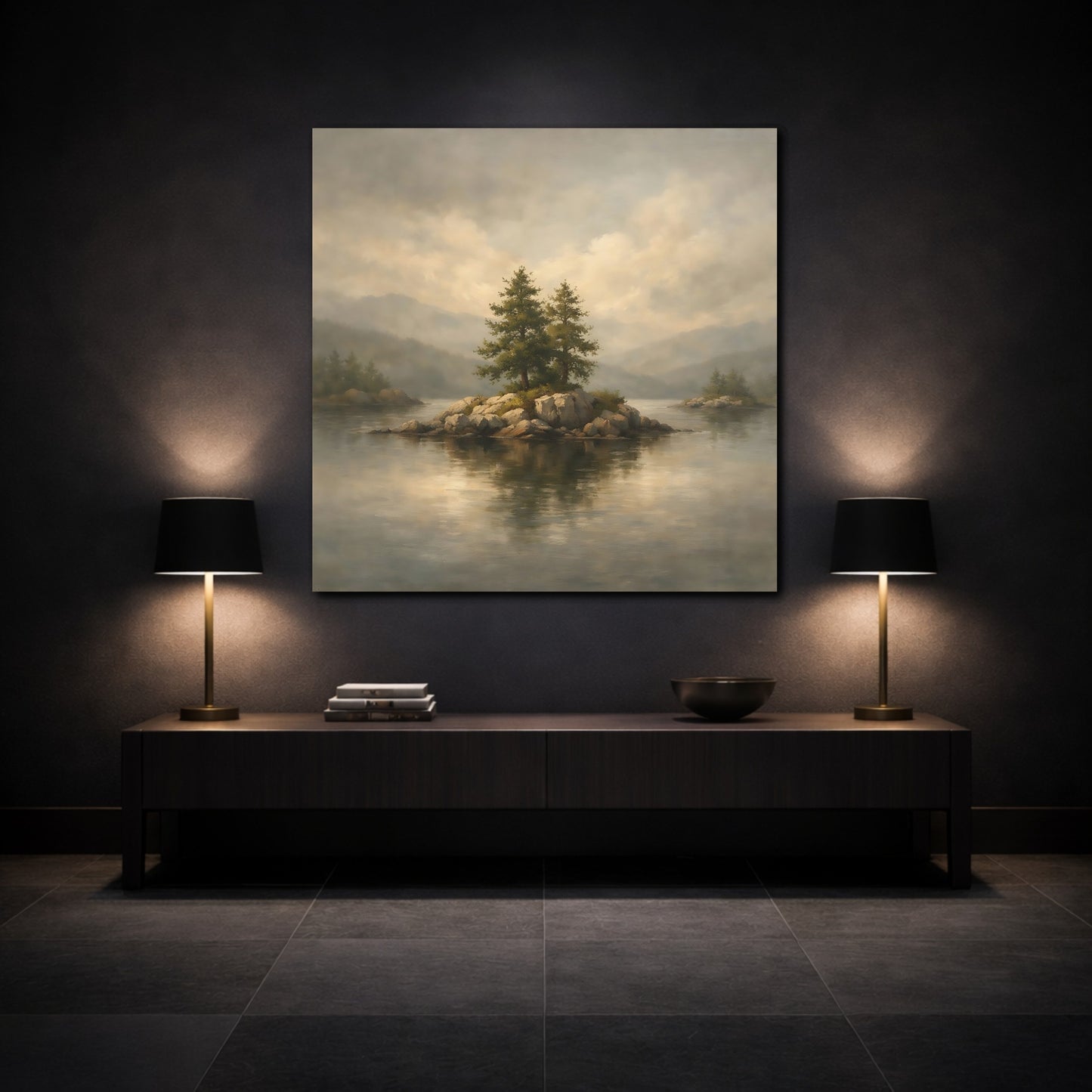Mockup 3. Nature Pine Trees Lake Island Landscape shown as stretched canvas wall art