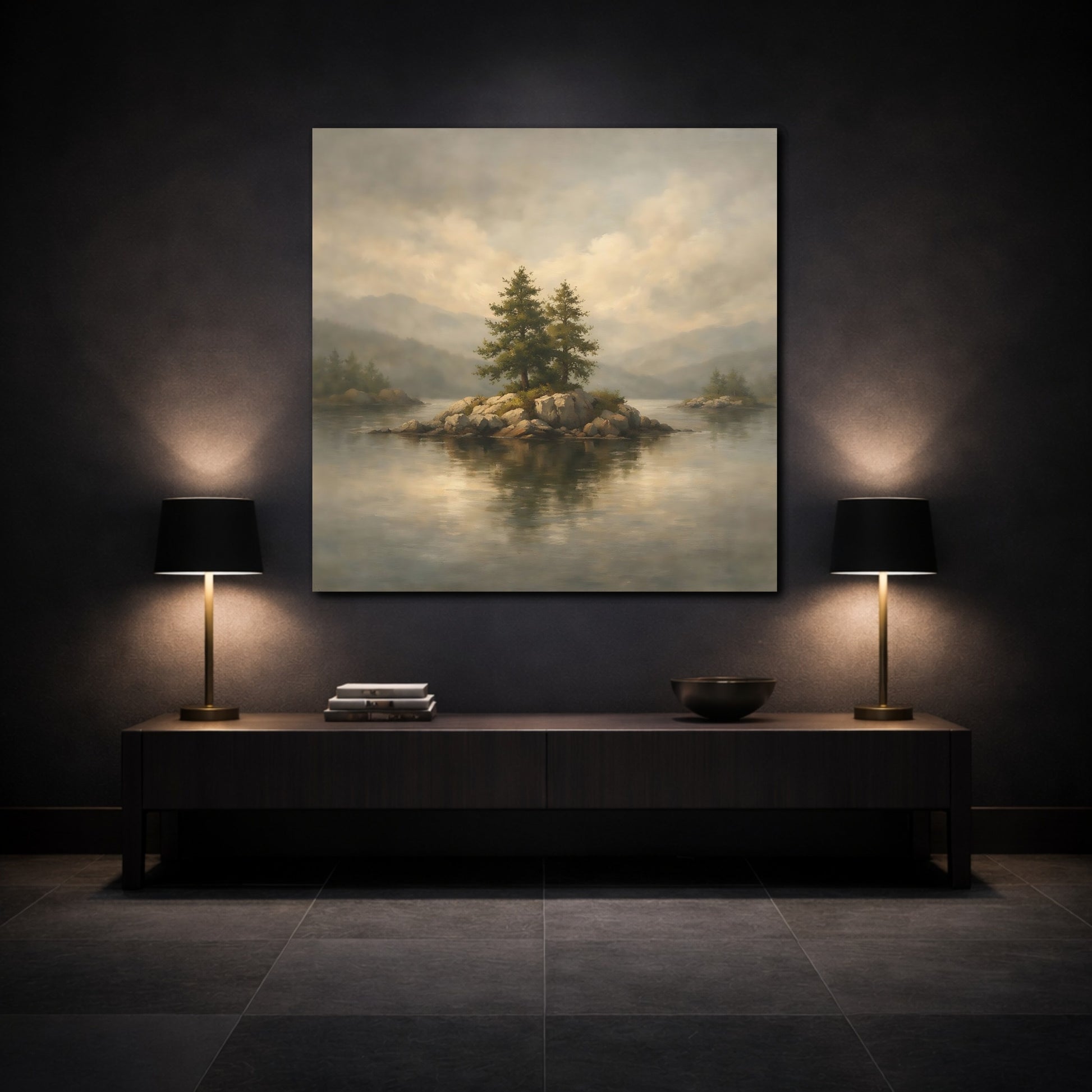 Mockup 3. Nature Pine Trees Lake Island Landscape shown as stretched canvas wall art
