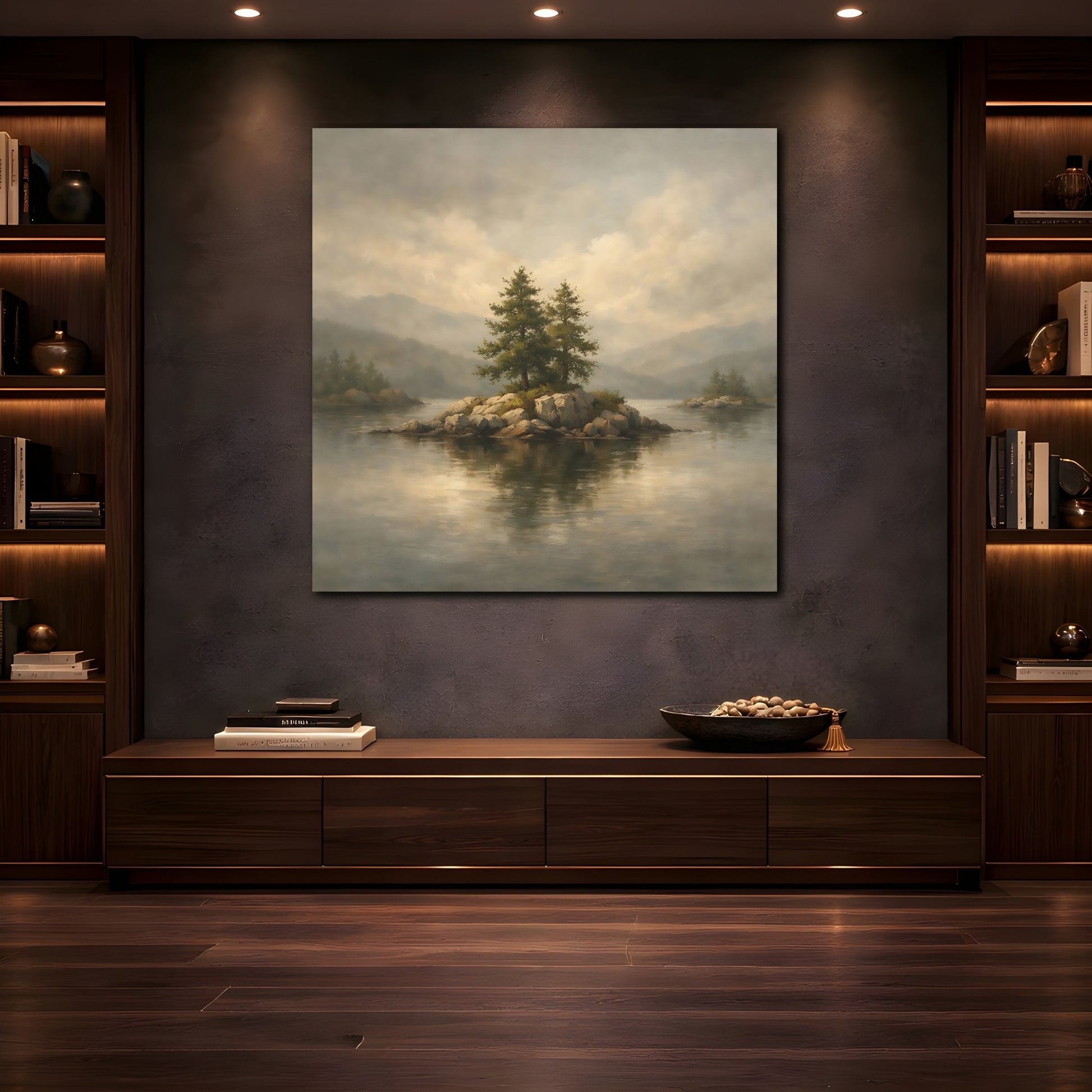 Mockup 4. Nature Pine Trees Lake Island Landscape shown as stretched canvas wall art
