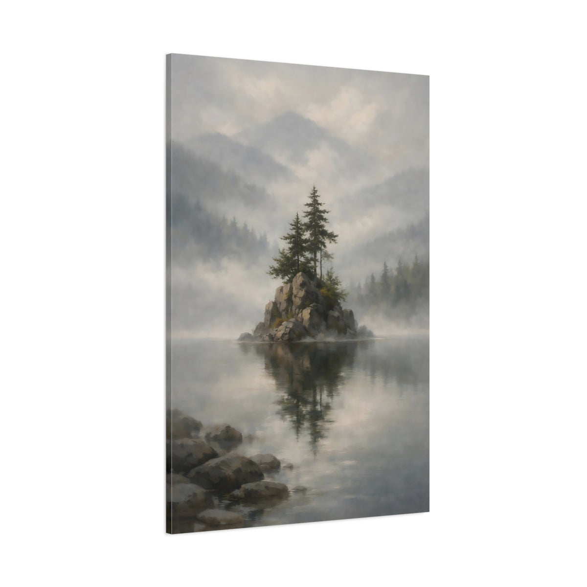Main Mockup. Nature Pine Trees Misty Lake shown as stretched canvas wall art