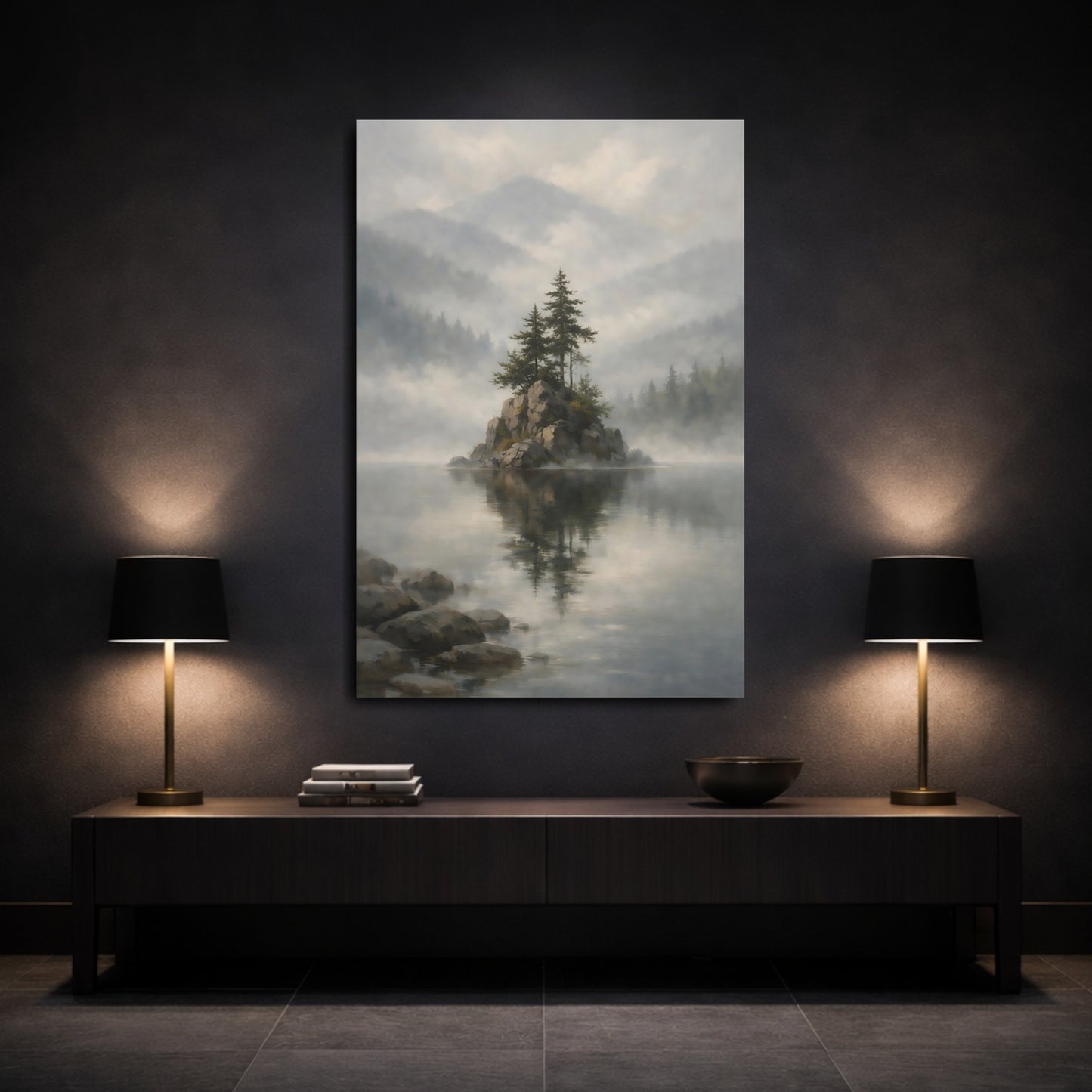 Mockup 2. Nature Pine Trees Misty Lake shown as stretched canvas wall art