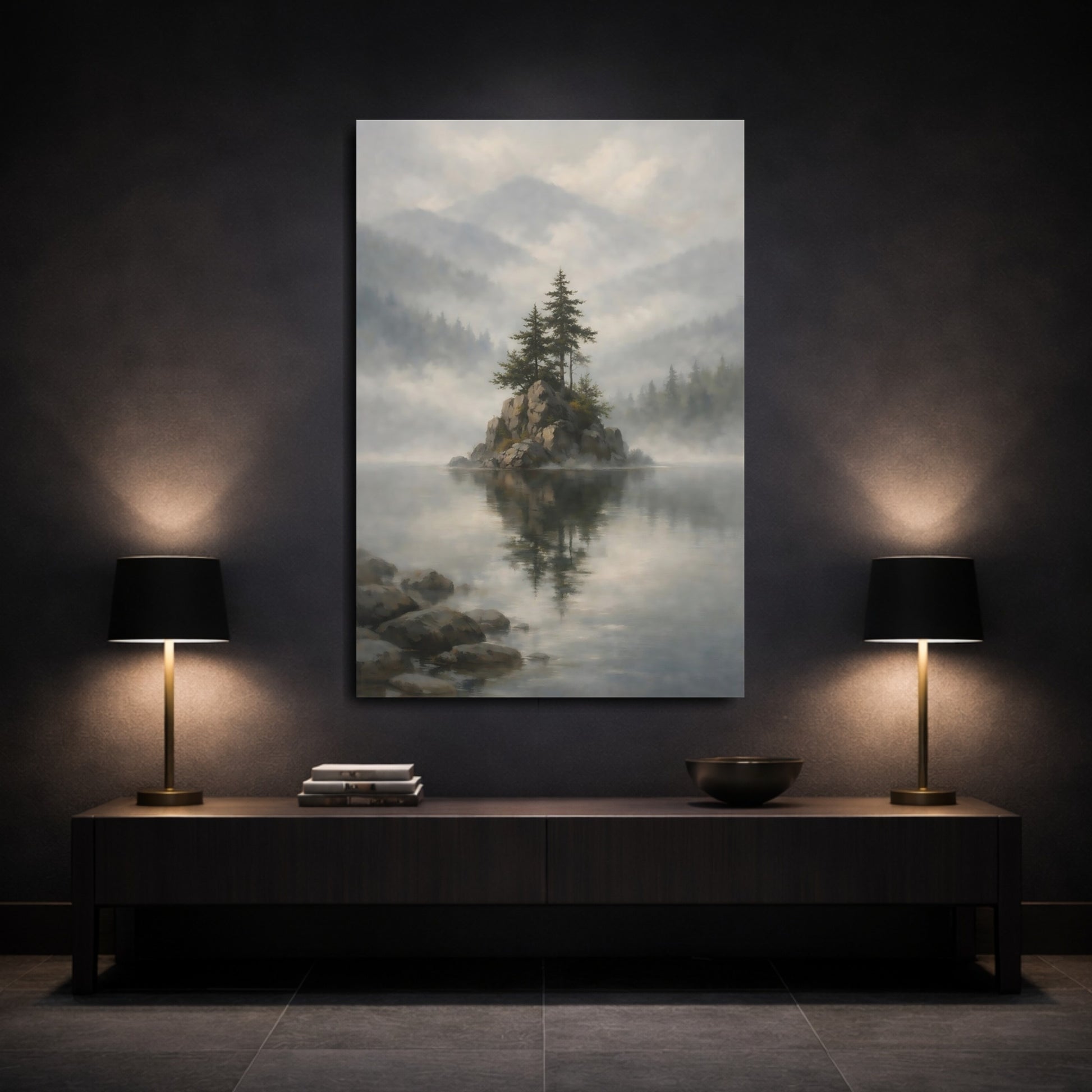 Mockup 2. Nature Pine Trees Misty Lake shown as stretched canvas wall art