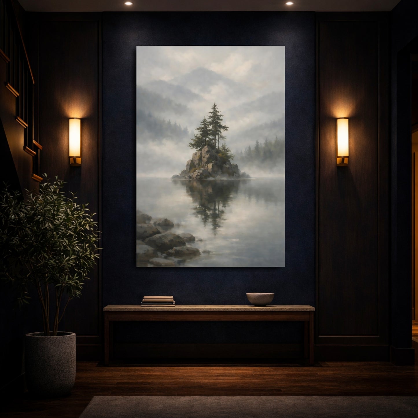 Mockup 3. Nature Pine Trees Misty Lake shown as stretched canvas wall art