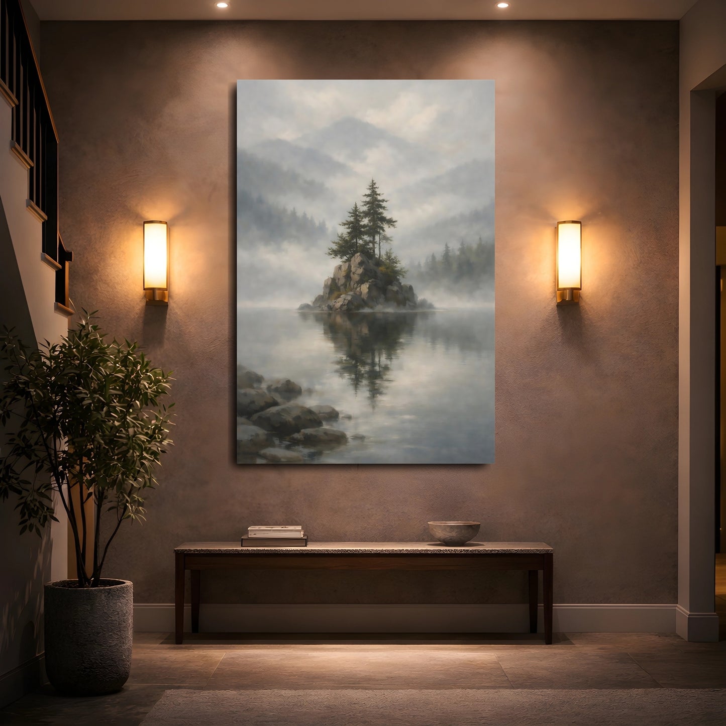 Mockup 4. Nature Pine Trees Misty Lake shown as stretched canvas wall art
