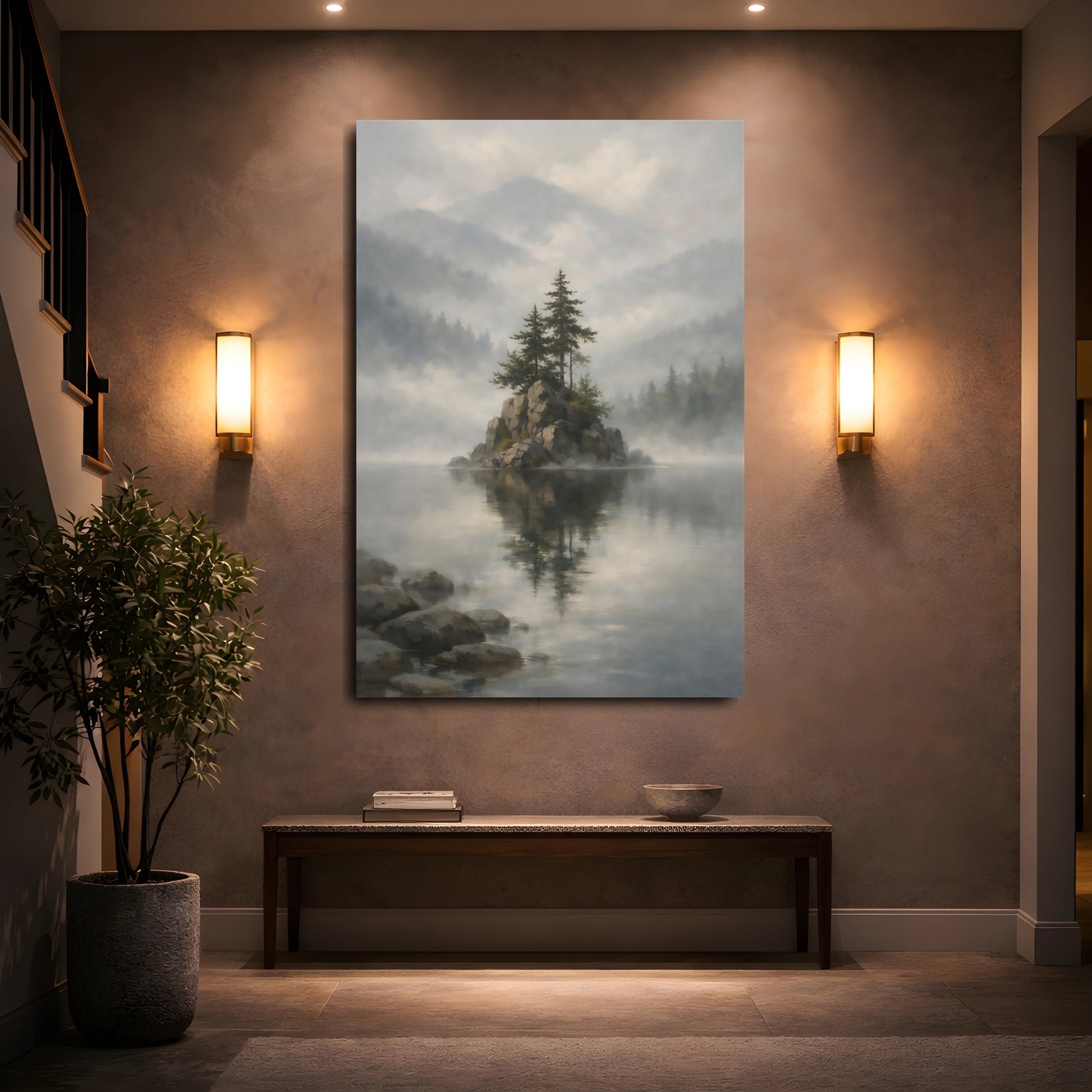 Mockup 4. Nature Pine Trees Misty Lake shown as stretched canvas wall art