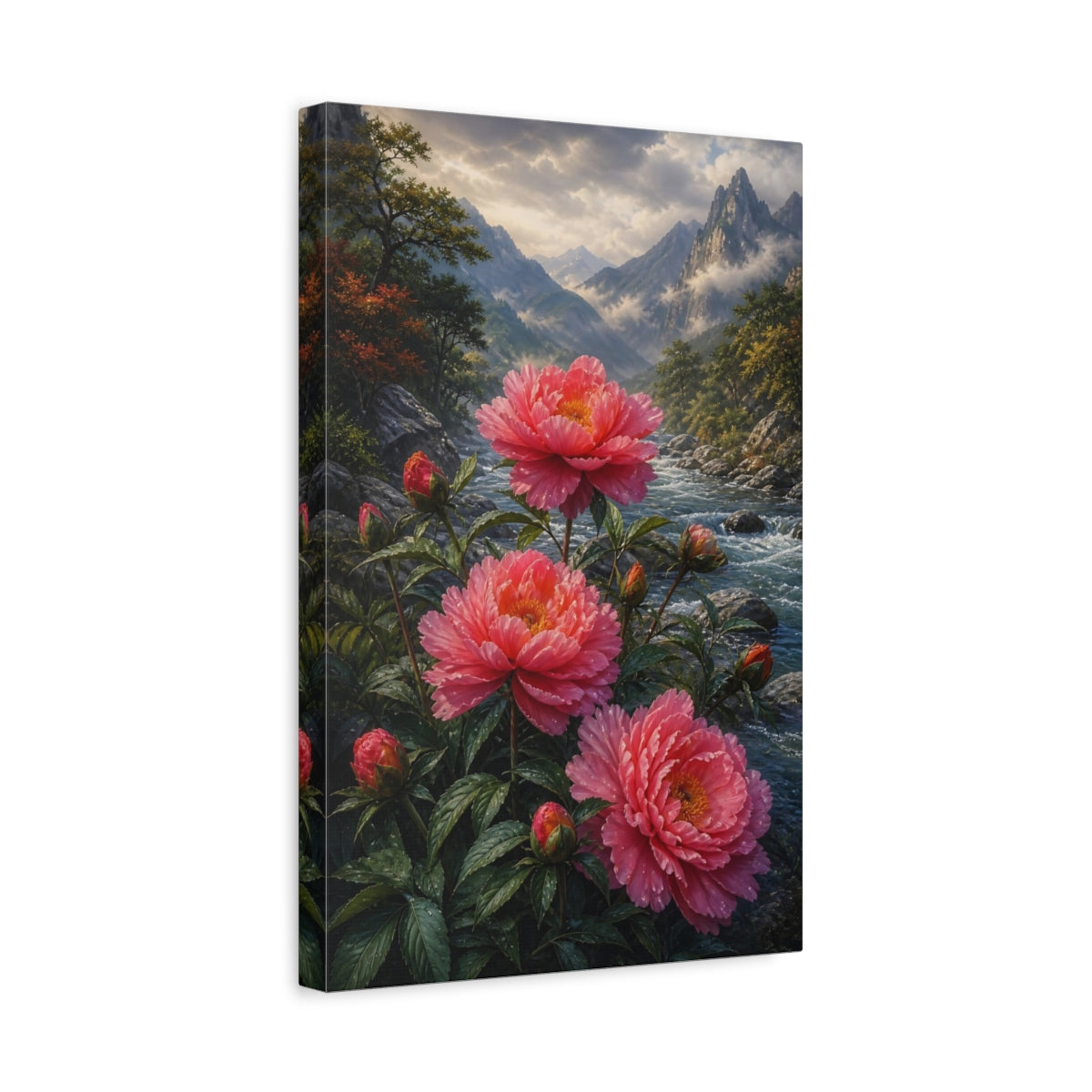 Side Mockup 4. Nature Pink Peonies Pink Peonies shown as stretched canvas wall art