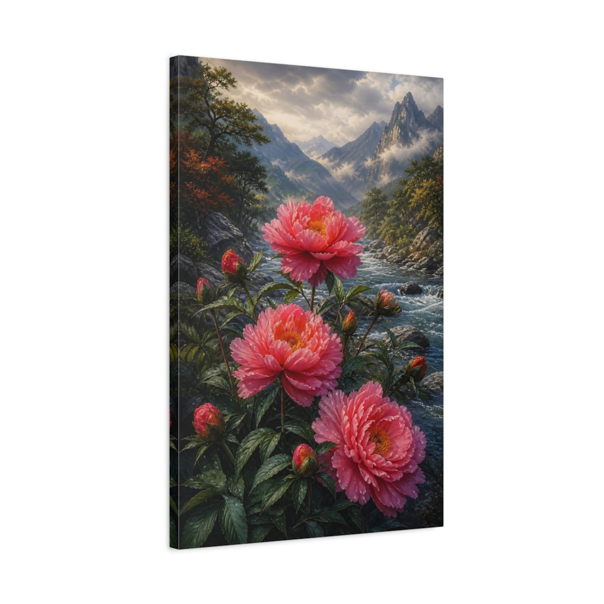 Side Mockup 2. Nature Pink Peonies Pink Peonies shown as stretched canvas wall art