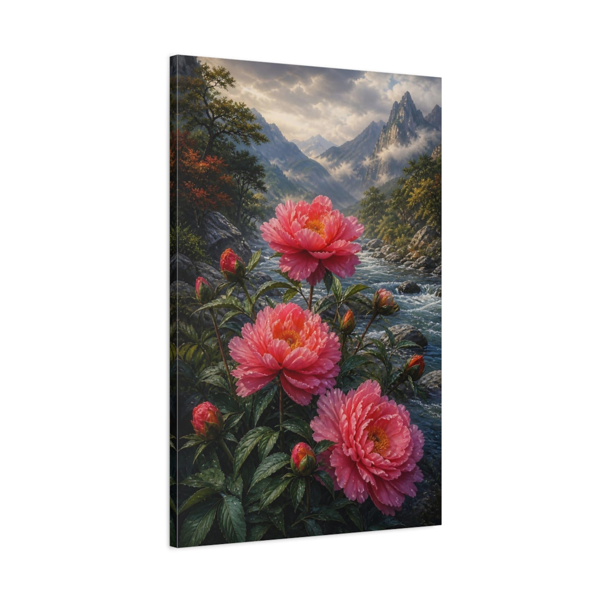 Main Mockup. Nature Pink Peonies Pink Peonies shown as stretched canvas wall art