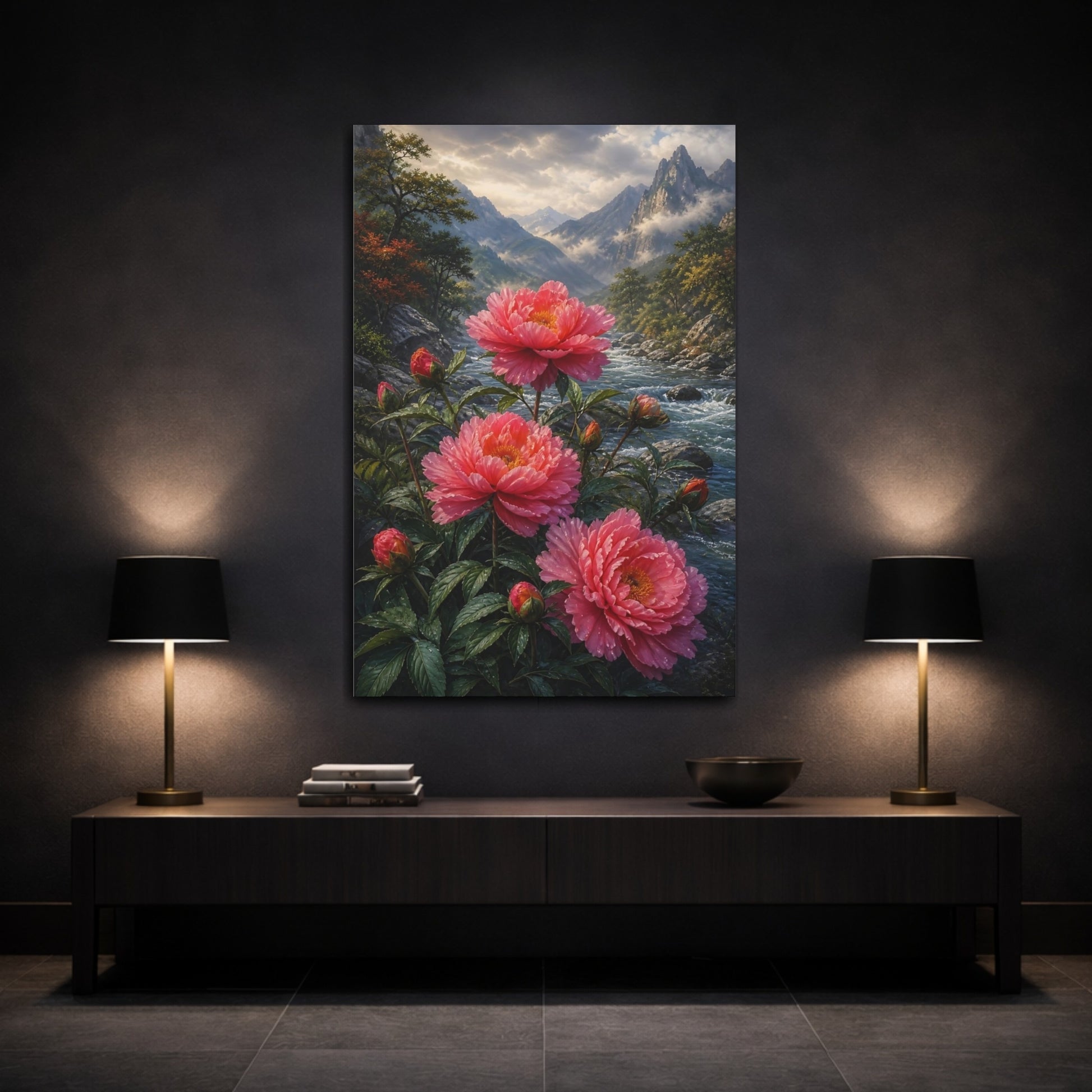 Mockup 3. Nature Pink Peonies Pink Peonies shown as stretched canvas wall art