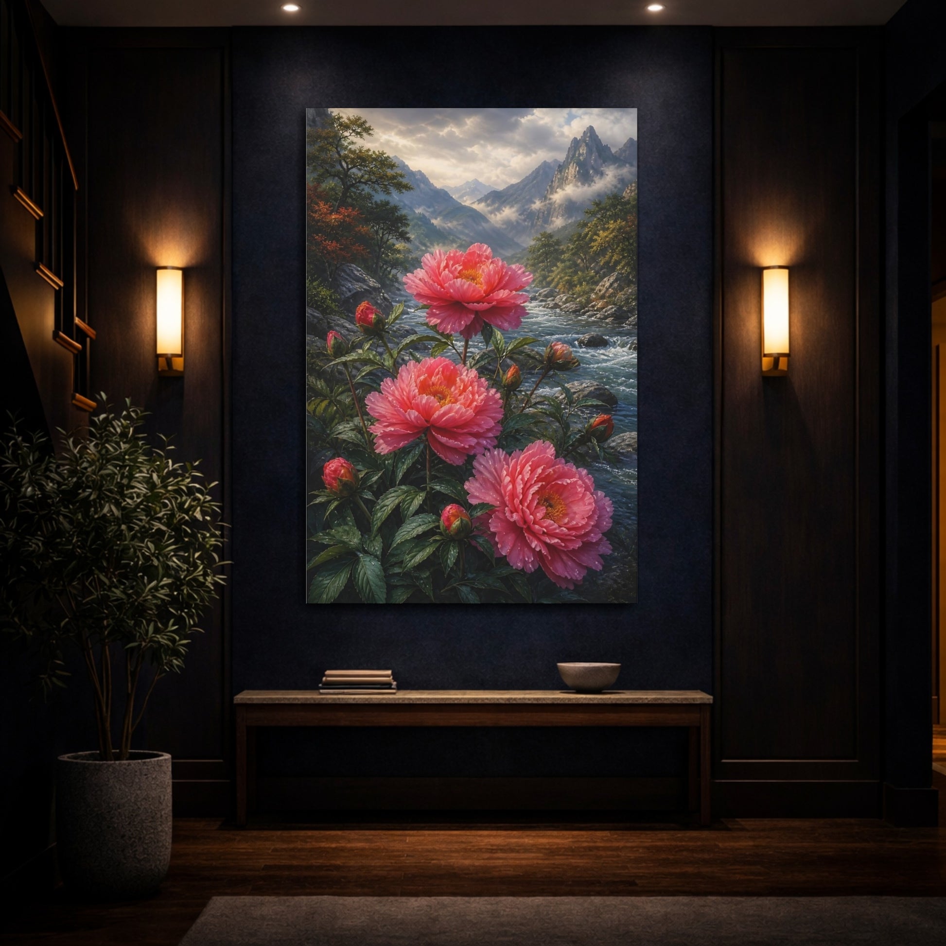 Mockup 4. Nature Pink Peonies Pink Peonies shown as stretched canvas wall art