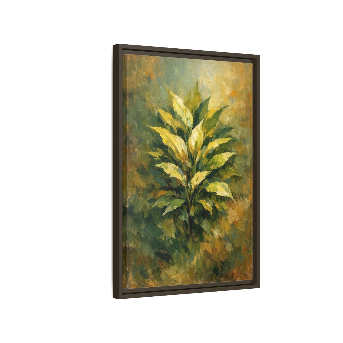 Side Mockup 2. Nature Plant Green And Gold Plant shown as stretched canvas wall art