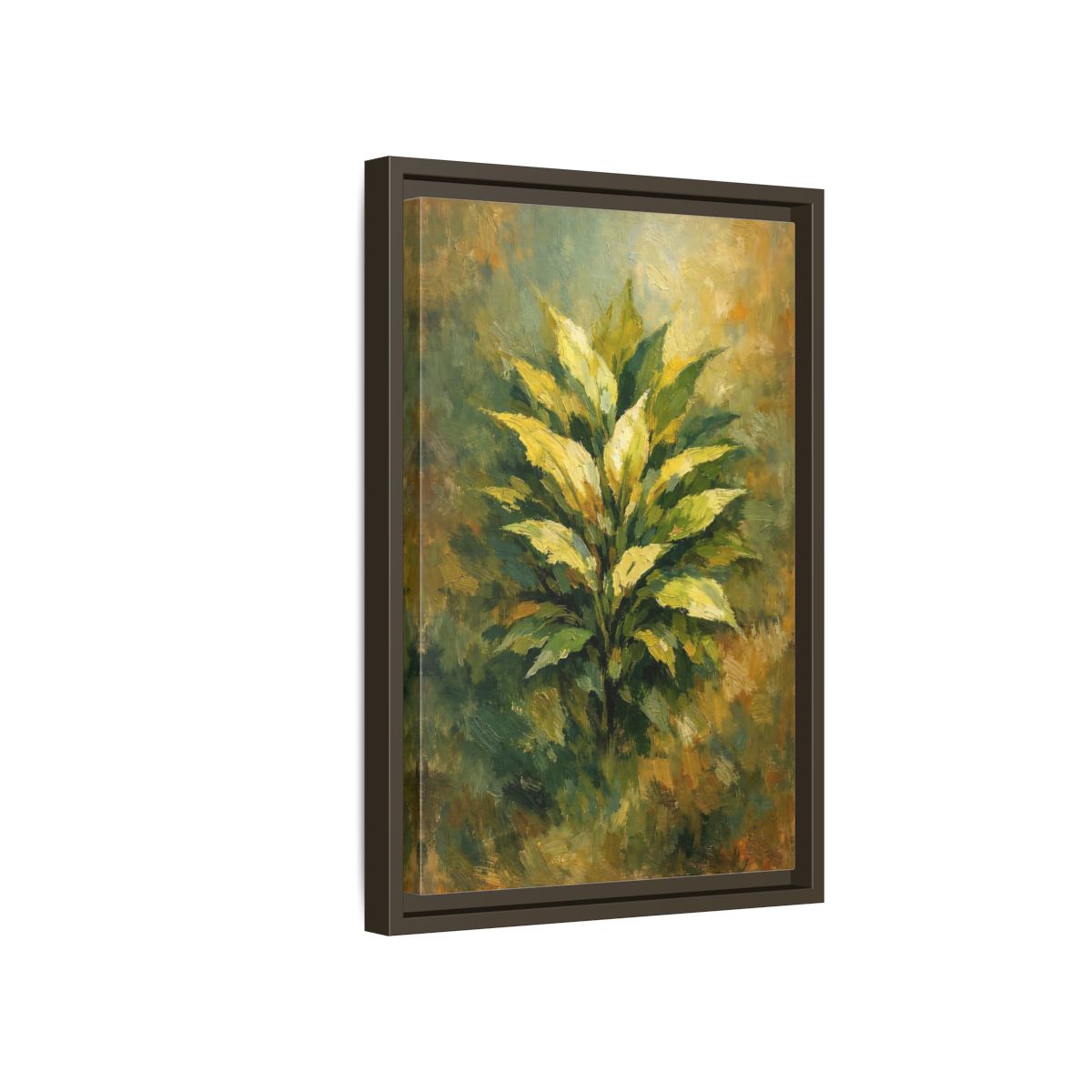 Side Mockup 5. Nature Plant Green And Gold Plant shown as stretched canvas wall art