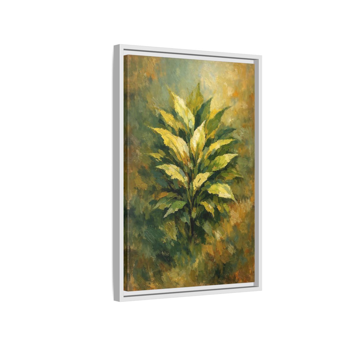 Side Mockup 1. Nature Plant Green And Gold Plant shown as stretched canvas wall art