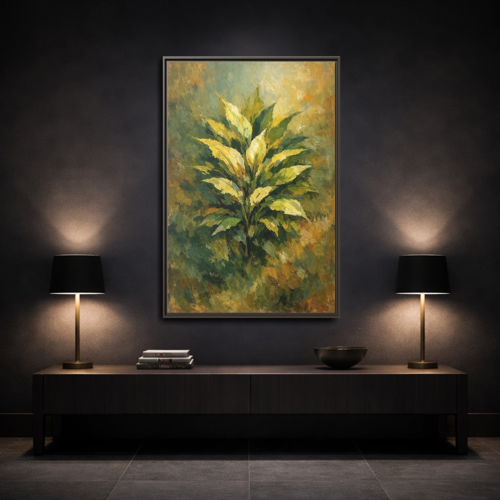 Mockup 2. Nature Plant Green And Gold Plant shown as stretched canvas wall art