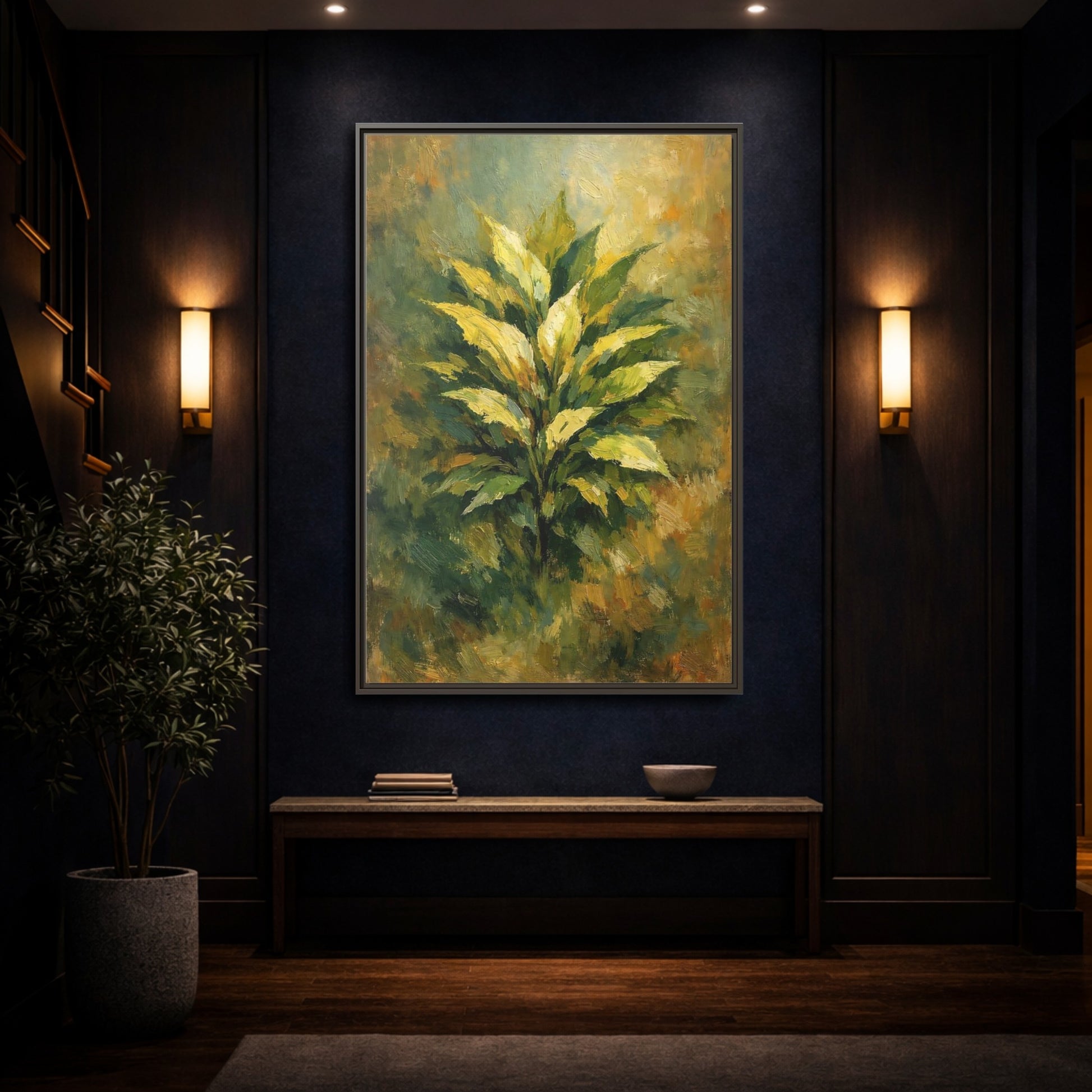 Mockup 3. Nature Plant Green And Gold Plant shown as stretched canvas wall art