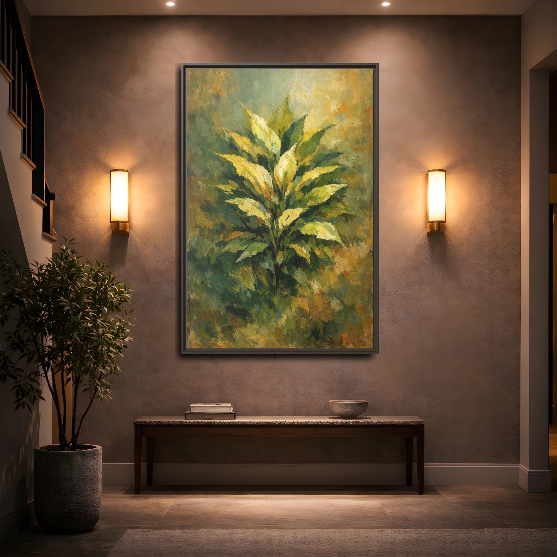 Mockup 4. Nature Plant Green And Gold Plant shown as stretched canvas wall art