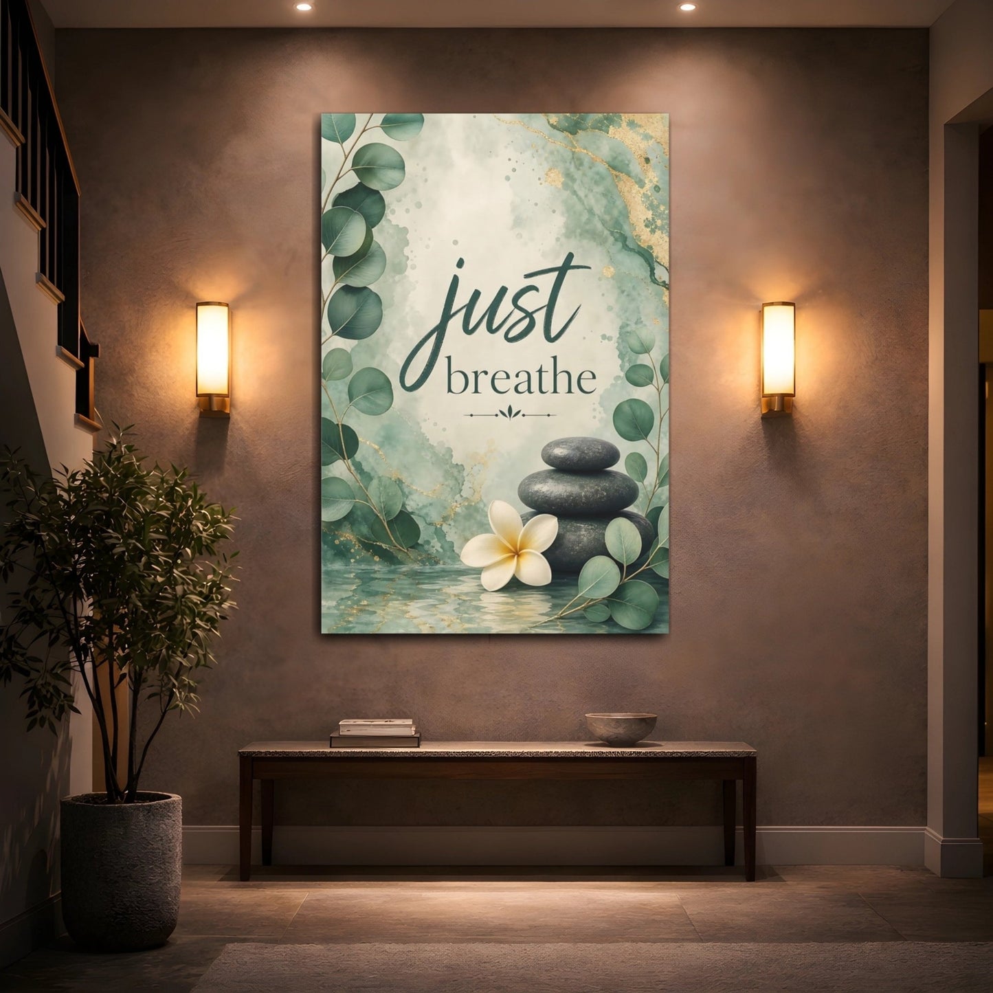 Nature Plumeria Flower Green And Gold Canvas Print – watercolor Living Room, Above Couch - YesArtYes