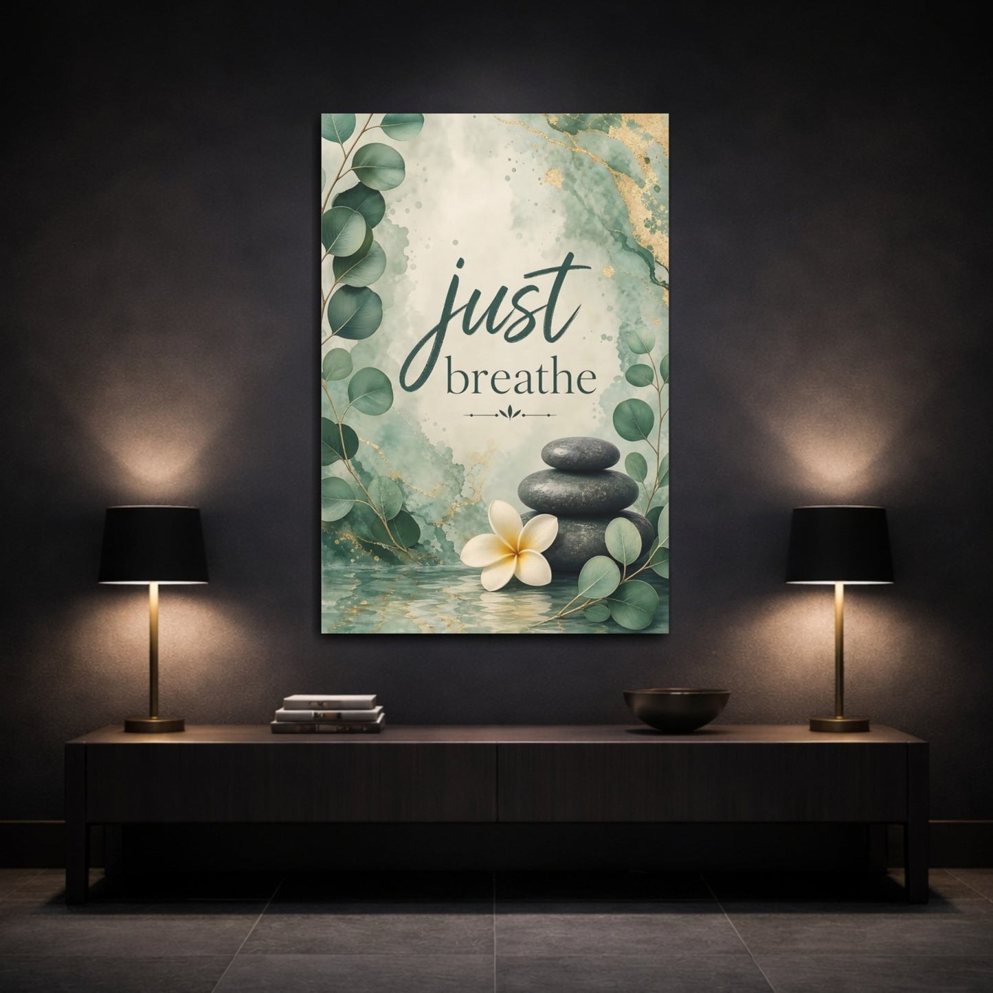 Nature Plumeria Flower Green And Gold Canvas Print – watercolor Living Room, Above Couch - YesArtYes