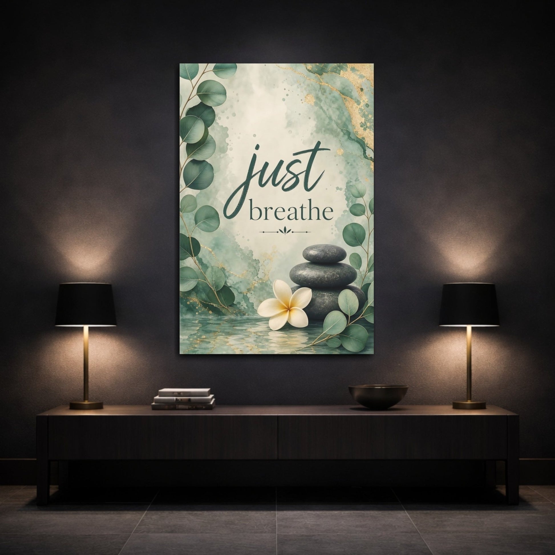 Nature Plumeria Flower Green And Gold Canvas Print – watercolor Living Room, Above Couch - YesArtYes