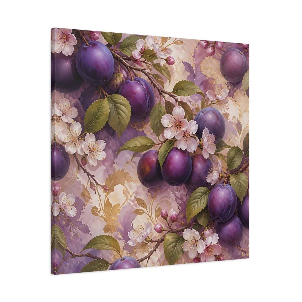 Side Mockup 1. Nature Plums Purple Plum Blossoms shown as stretched canvas wall art