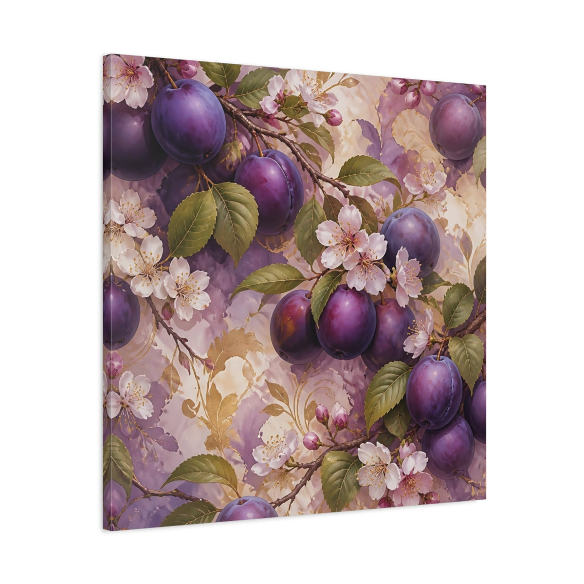 Side Mockup 3. Nature Plums Purple Plum Blossoms shown as stretched canvas wall art