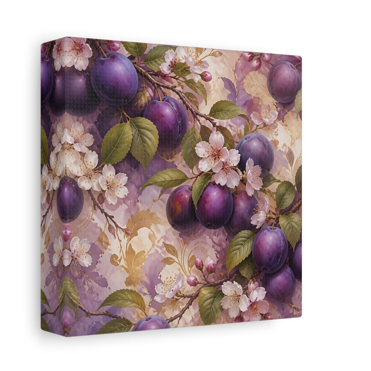 Side Mockup 2. Nature Plums Purple Plum Blossoms shown as stretched canvas wall art