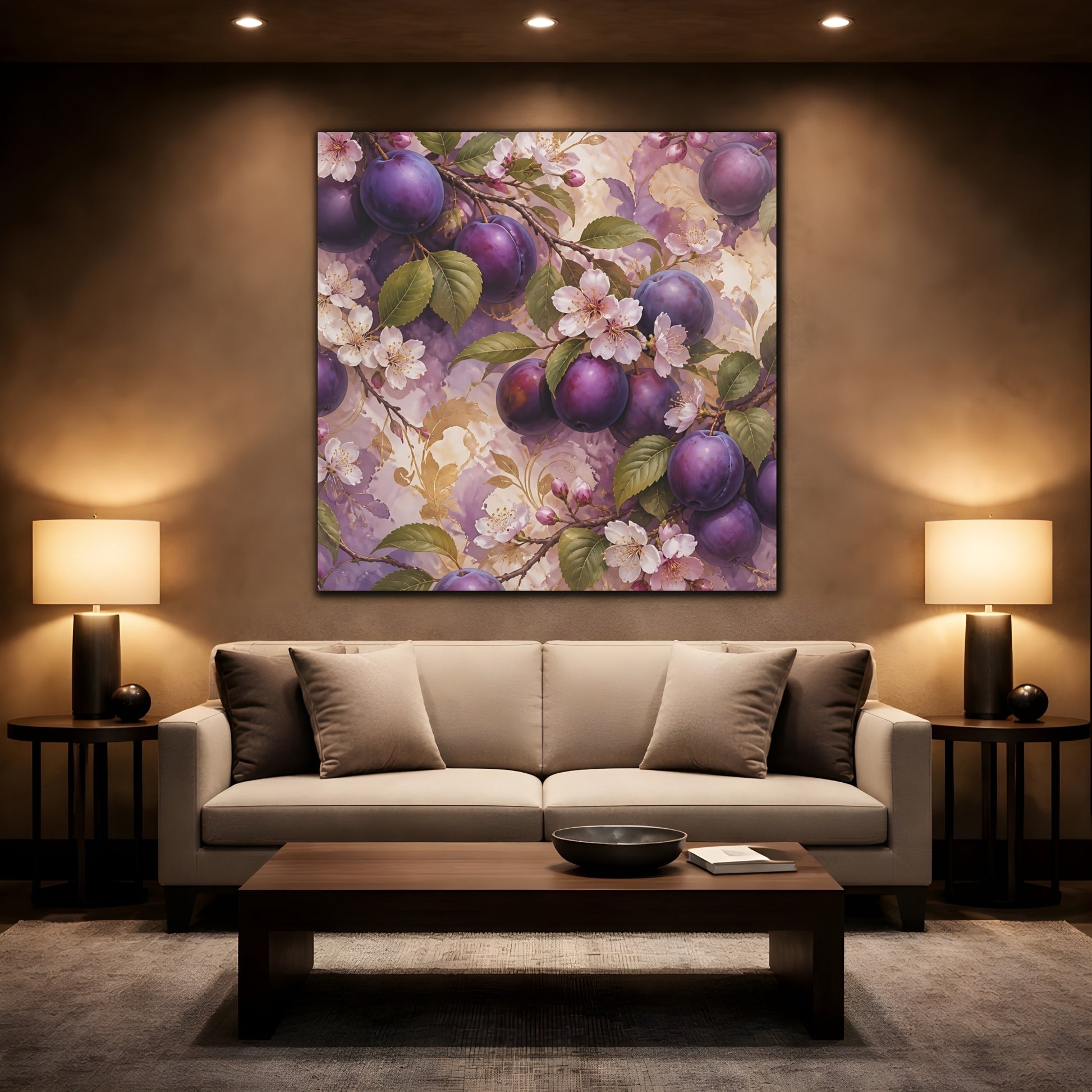 Mockup 2. Nature Plums Purple Plum Blossoms shown as stretched canvas wall art