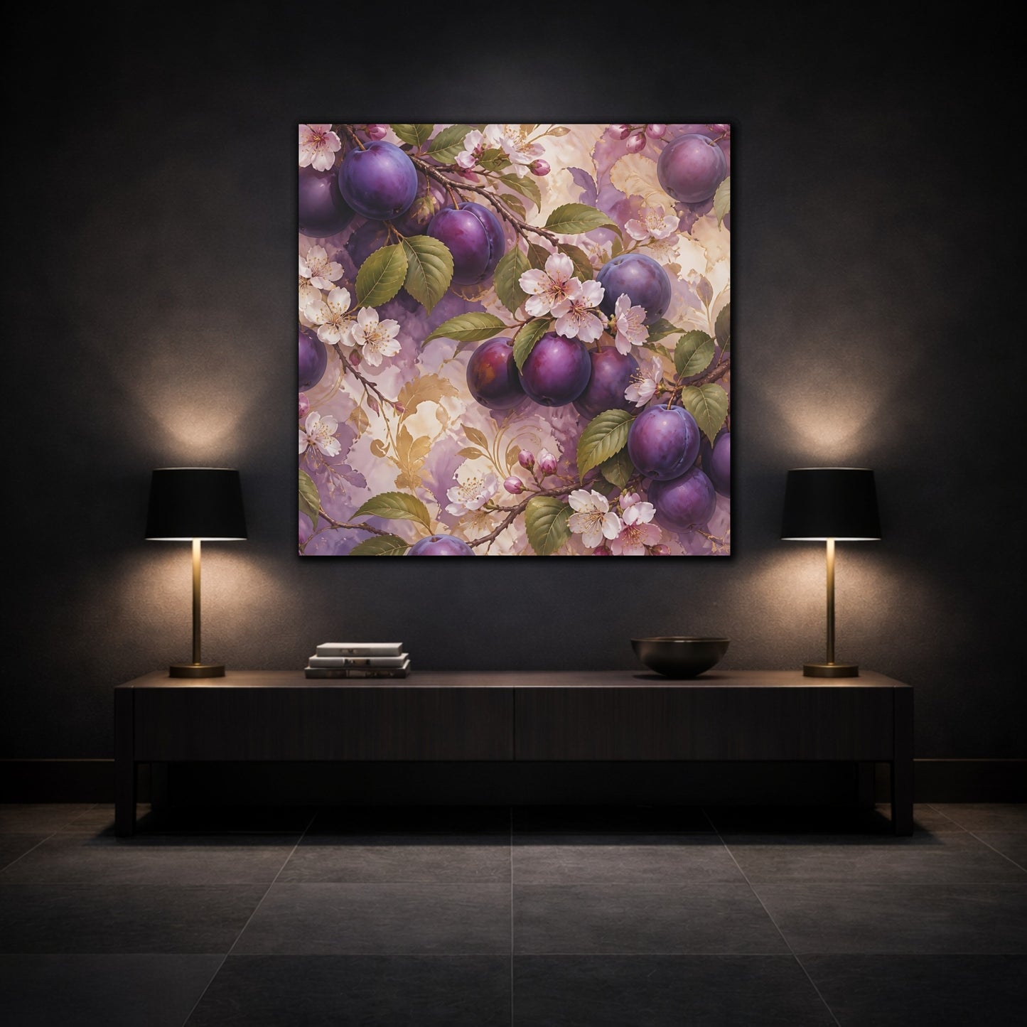 Mockup 3. Nature Plums Purple Plum Blossoms shown as stretched canvas wall art