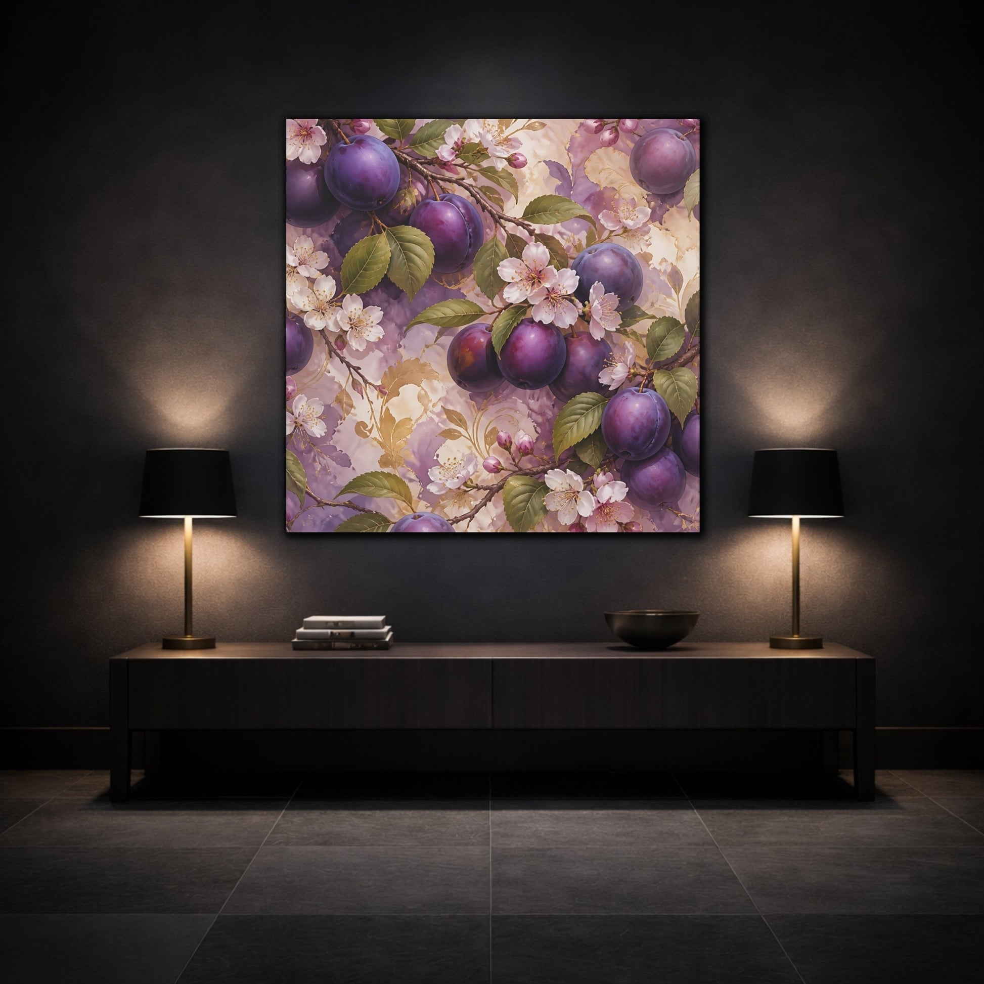 Mockup 3. Nature Plums Purple Plum Blossoms shown as stretched canvas wall art