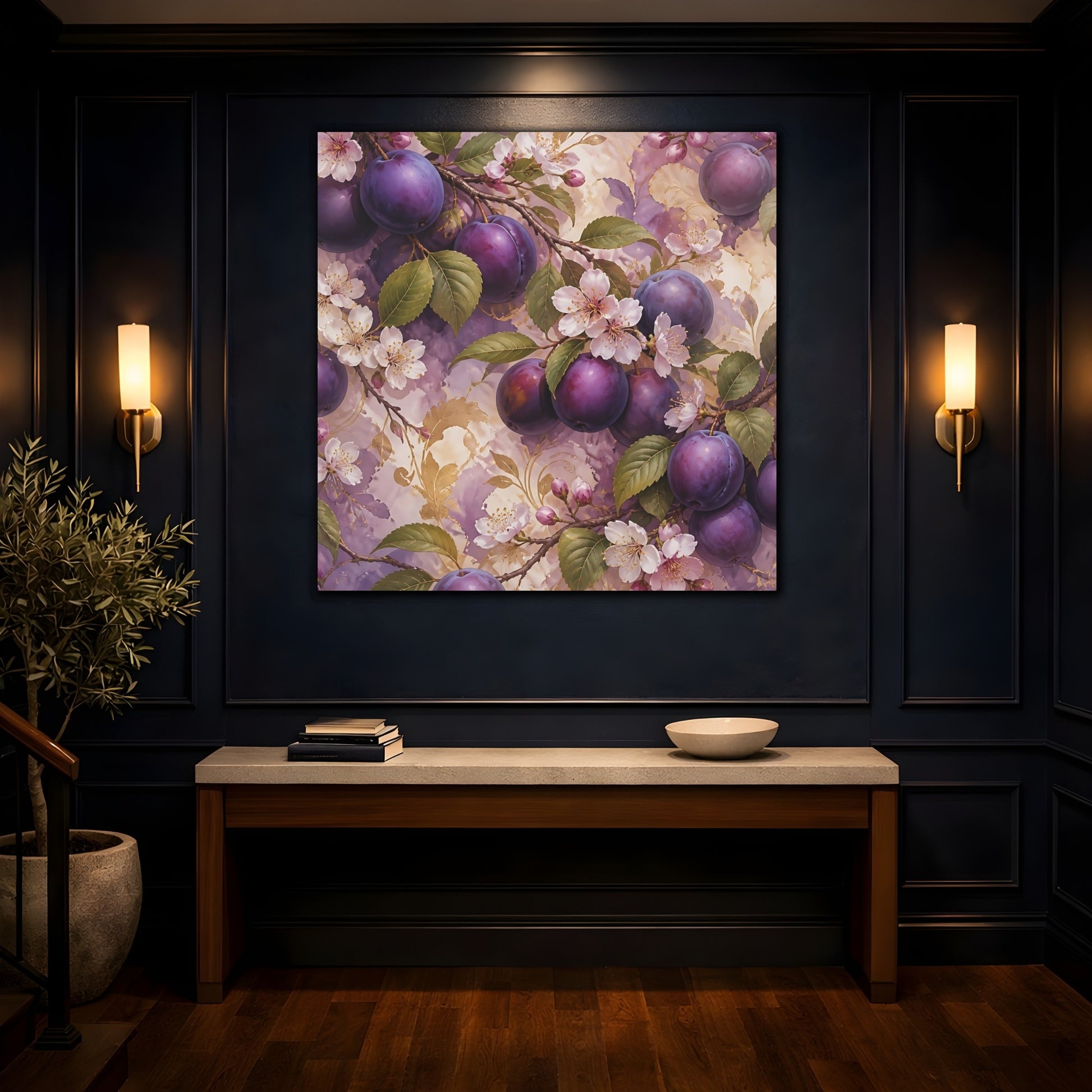 Mockup 4. Nature Plums Purple Plum Blossoms shown as stretched canvas wall art