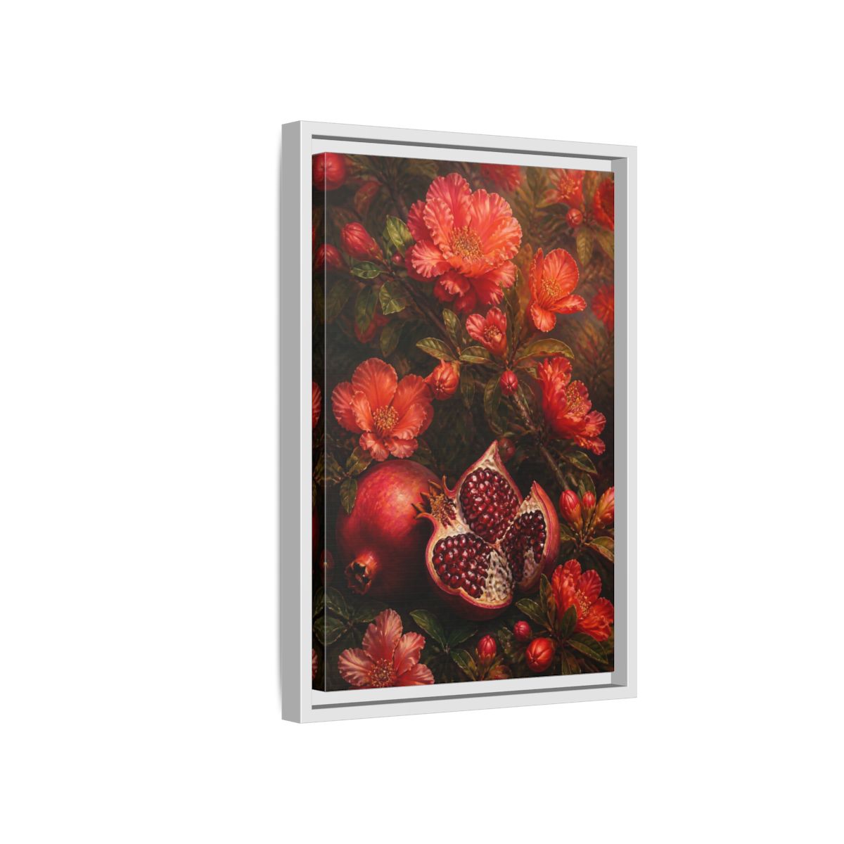 Side Mockup 4. Nature Pomegranates Red Pomegranate shown as framed canvas print