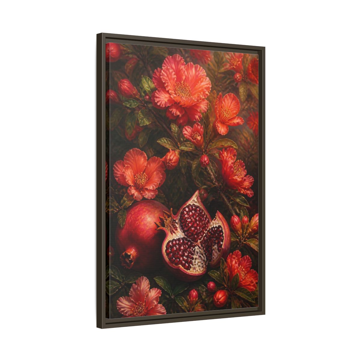 Side Mockup 11. Nature Pomegranates Red Pomegranate shown as framed canvas print