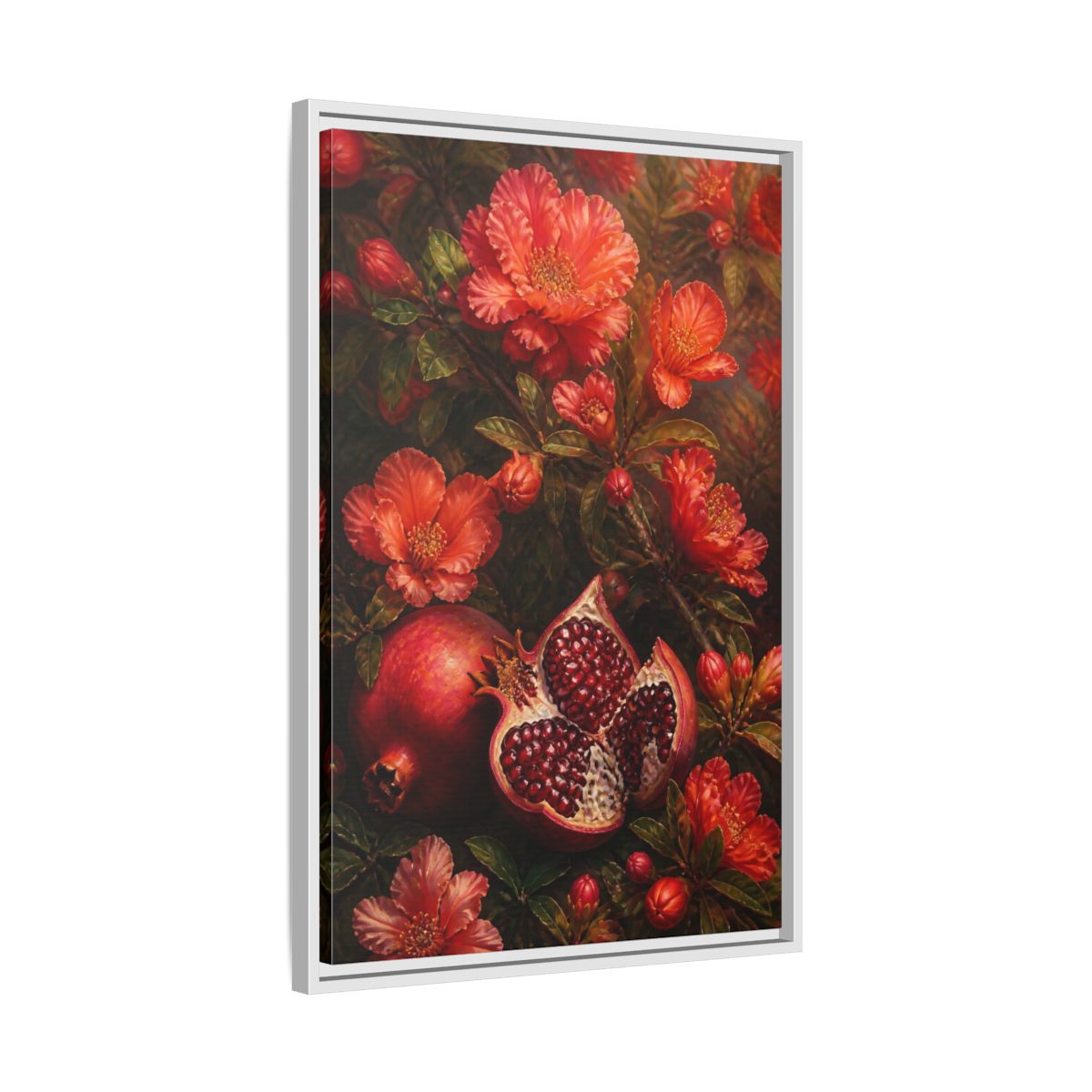 Side Mockup 10. Nature Pomegranates Red Pomegranate shown as framed canvas print