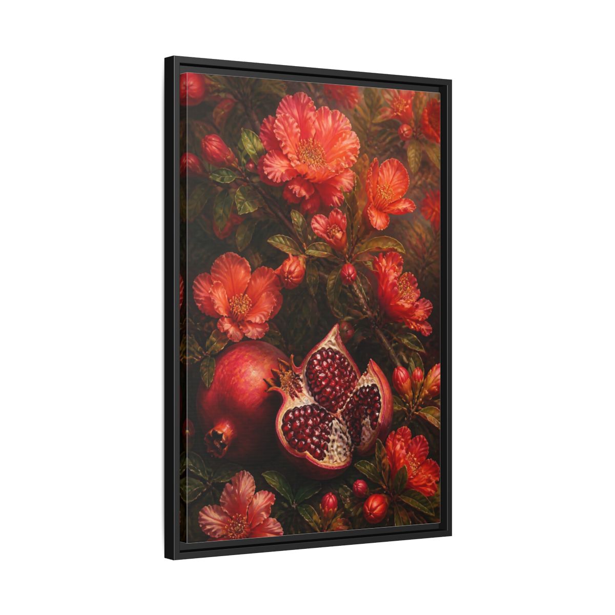 Side Mockup 14. Nature Pomegranates Red Pomegranate shown as framed canvas print