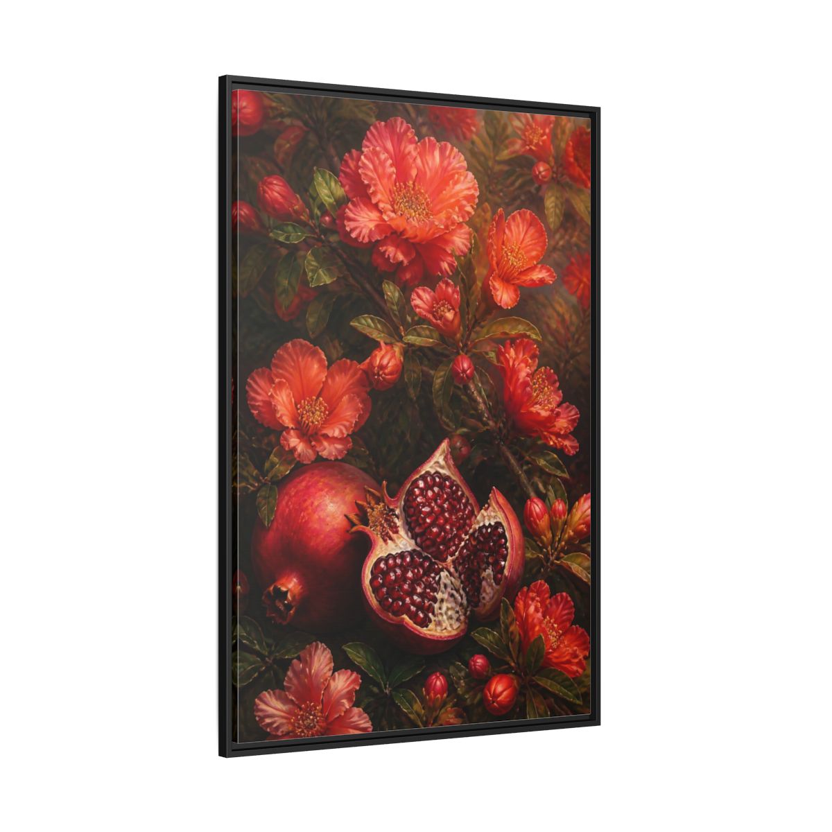 Side Mockup 12. Nature Pomegranates Red Pomegranate shown as framed canvas print